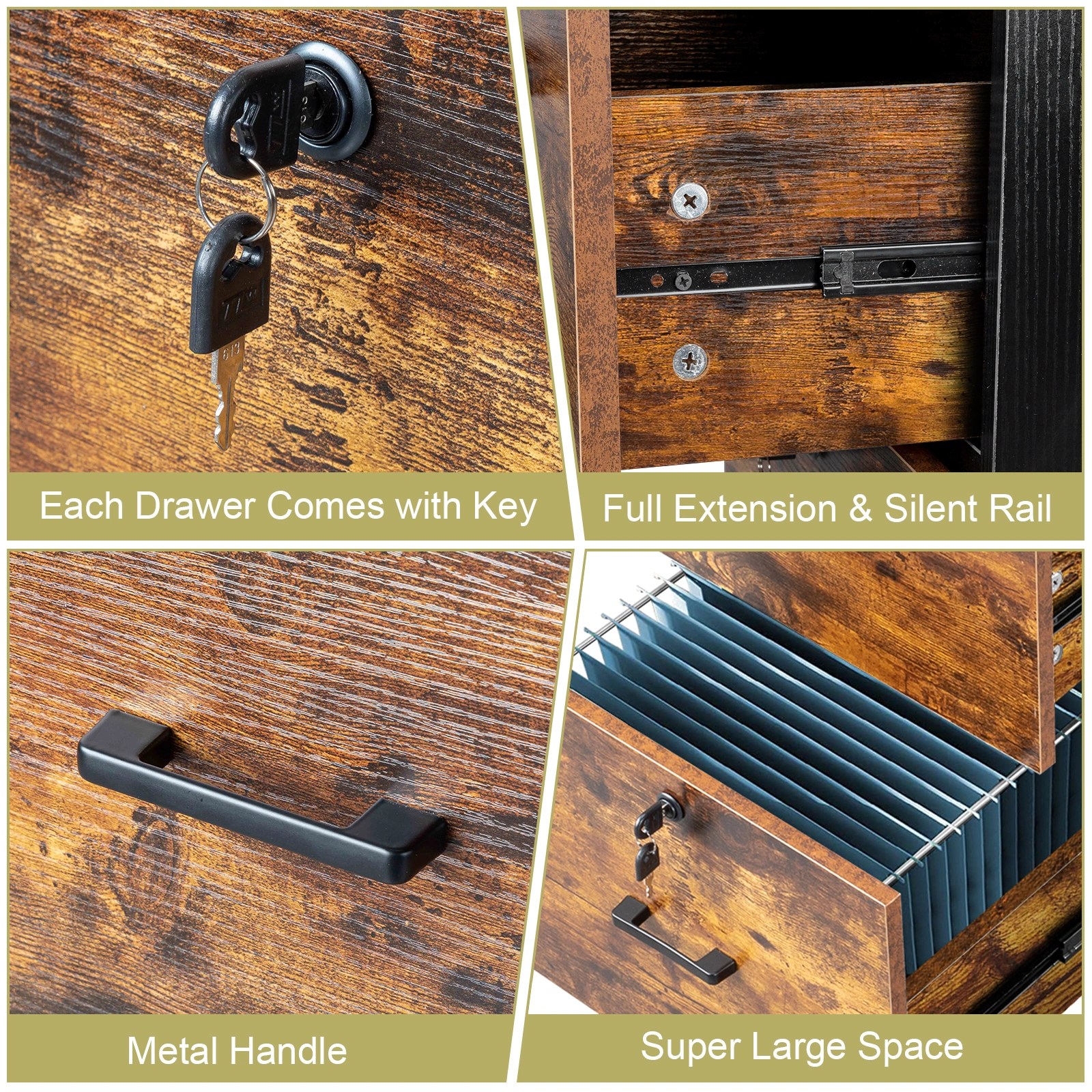 2-Drawer Rolling Wood File Cabinet with Lock, Brown & Black view 5