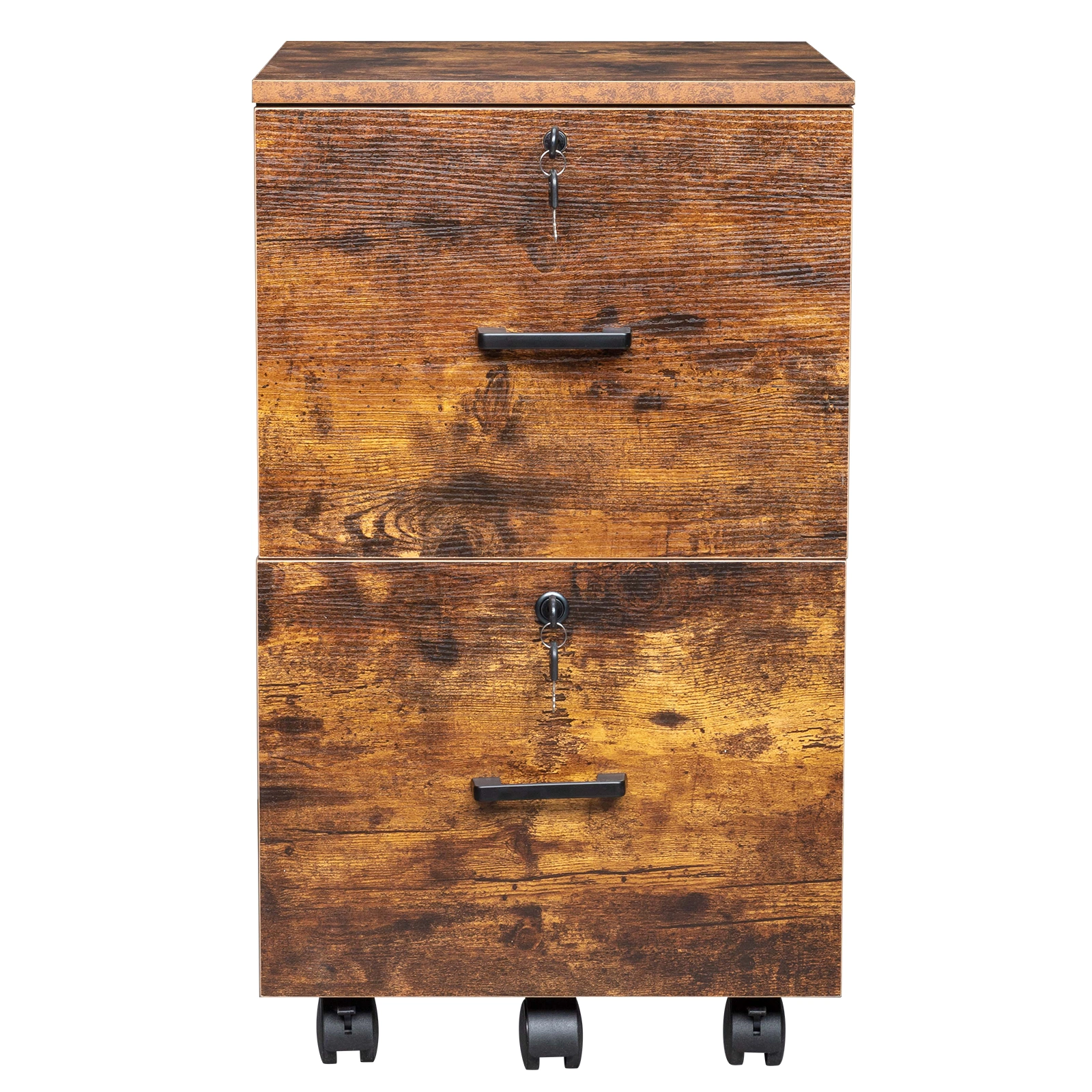 2-Drawer Rolling Wood File Cabinet with Lock, Brown & Black view 7