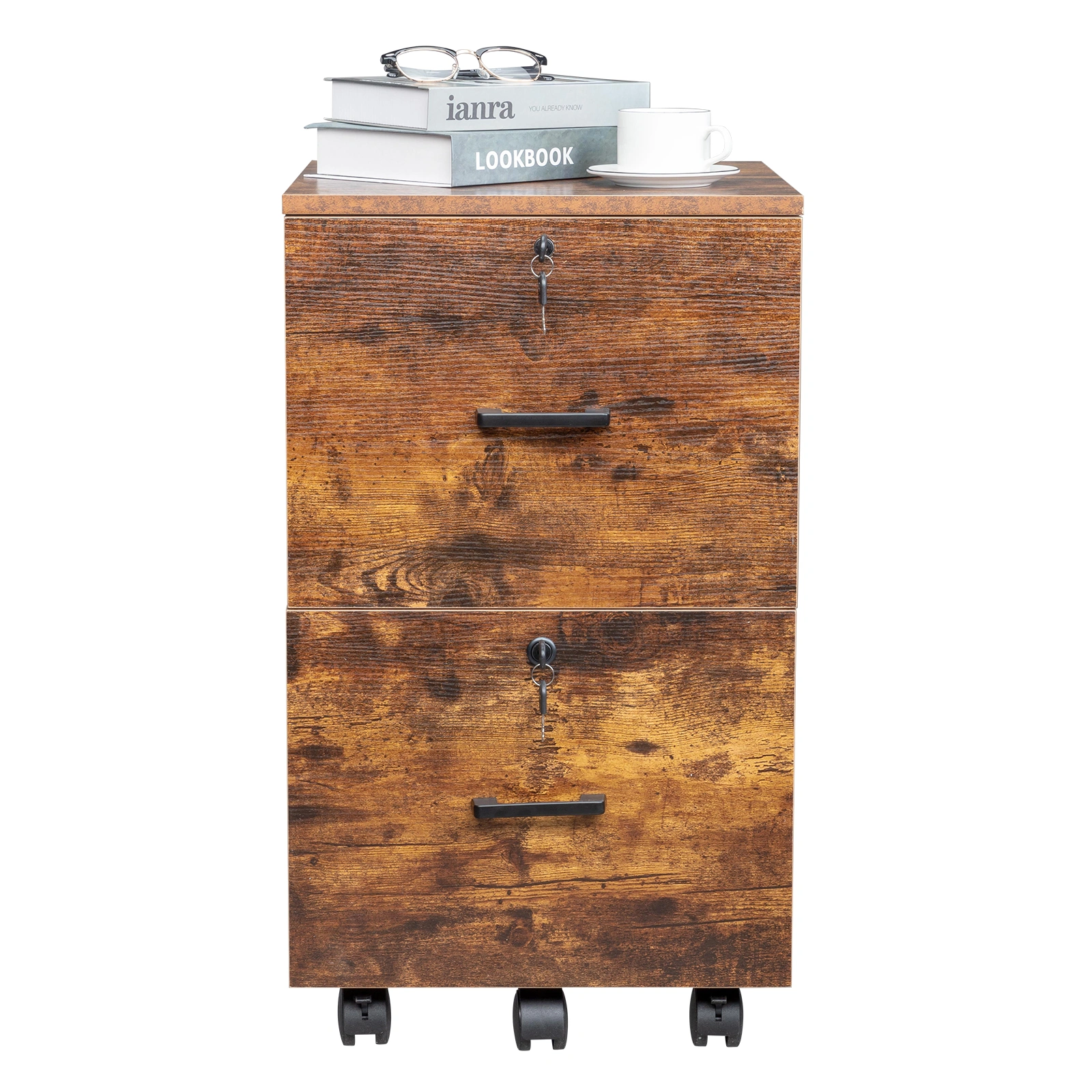 2-Drawer Rolling Wood File Cabinet with Lock, Brown & Black view 8