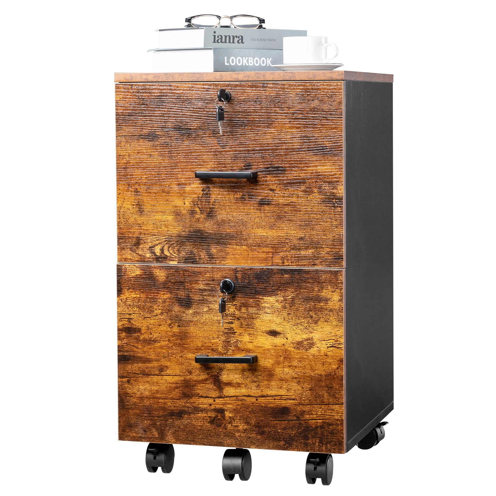 2-Drawer Rolling Wood File Cabinet with Lock, Brown & Black view 9