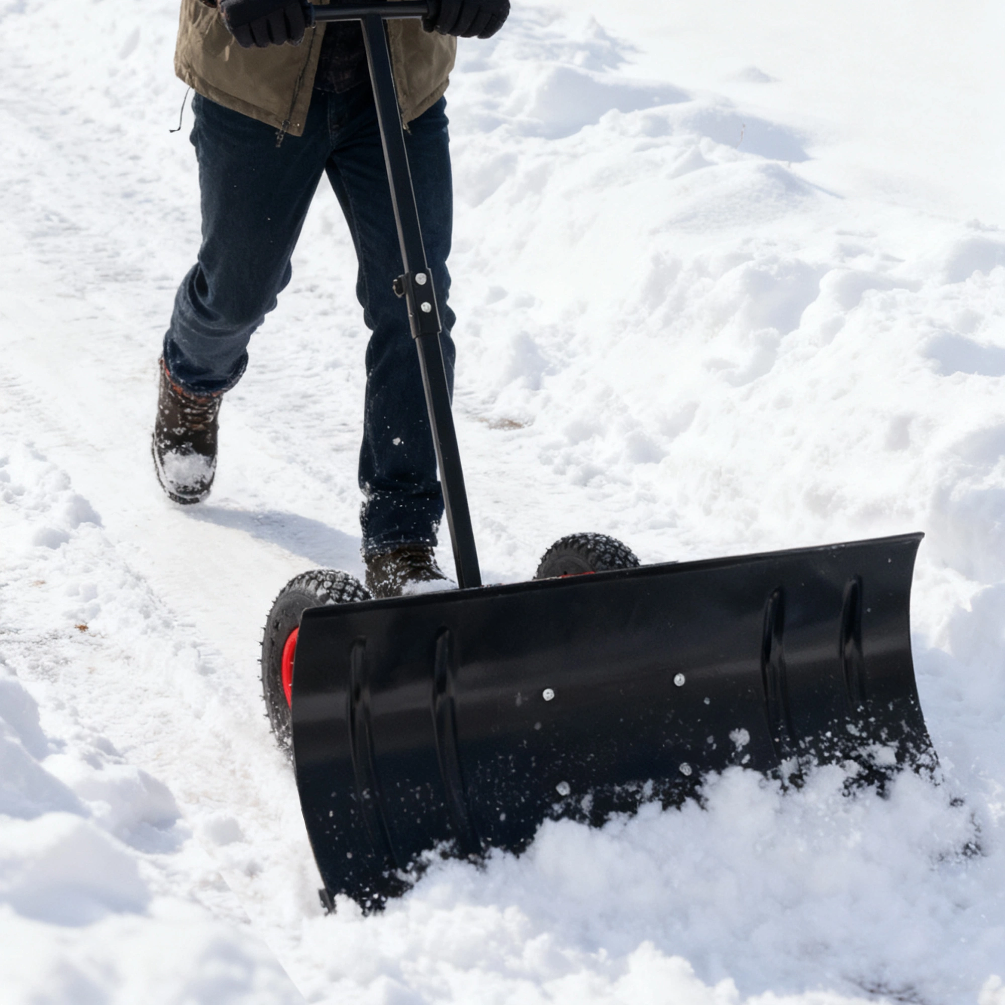 30" Metal Snow Pusher with Wheels, 15" High Snow Blade, Adjustable Angle Height Handle, Ergonomic Design for Driveway Sidewalk Clearing view 8