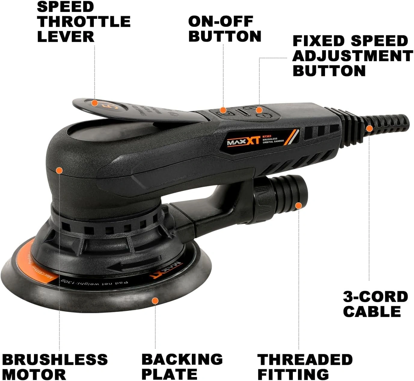 5mm Electric Random Orbital Sander Brushless 350W 3A Variable Speed Corded Sander Machine view 5