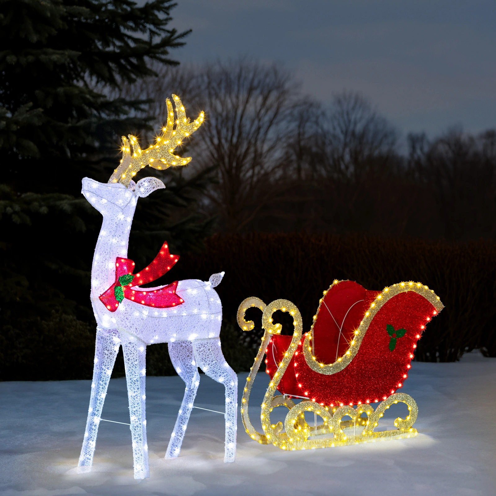 5ft Lighted Christmas Reindeer & Sleigh Outdoor Yard Decoration Set with LED Lights, Red & White view 10