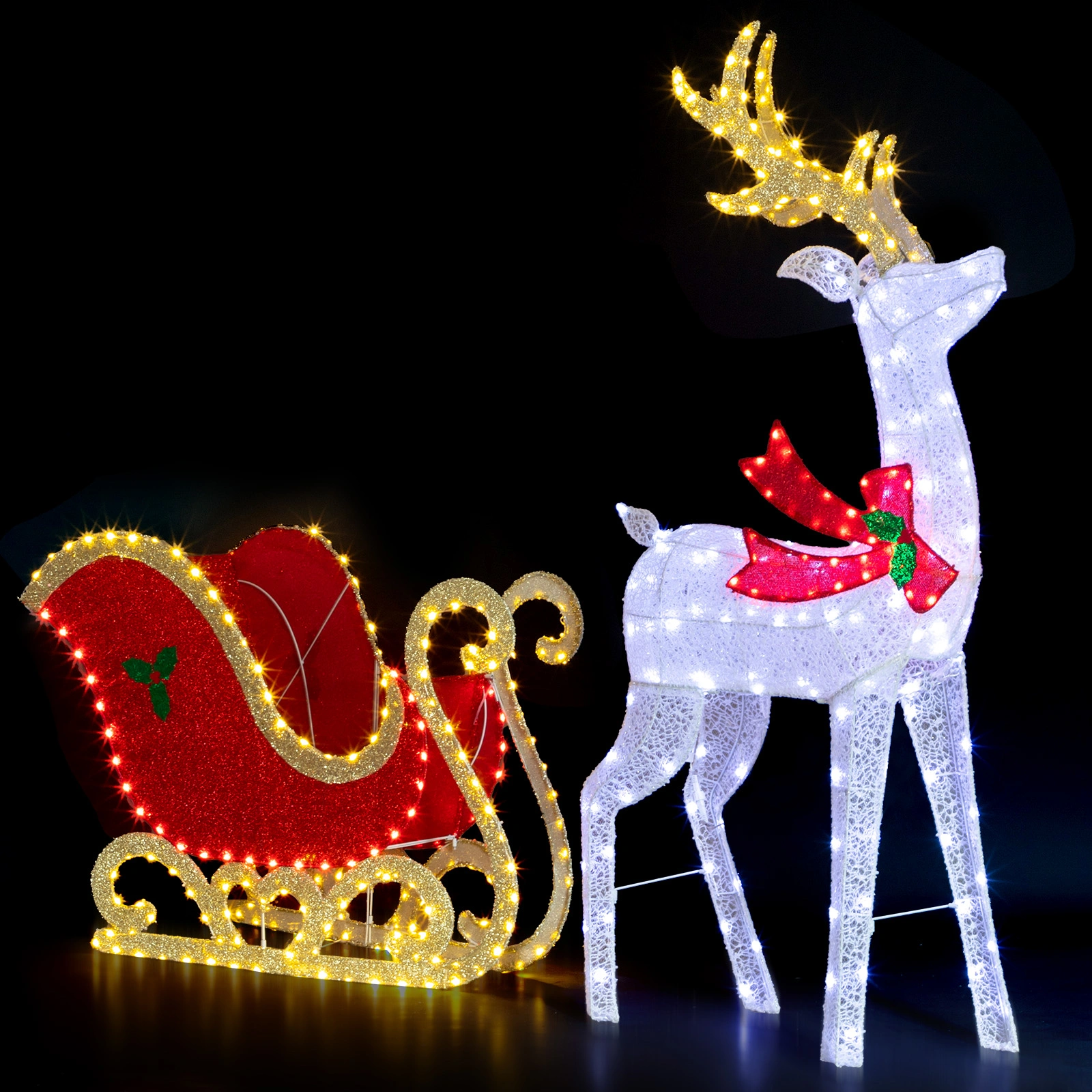 5ft Lighted Christmas Reindeer & Sleigh Outdoor Yard Decoration Set with LED Lights, Red & White view 11