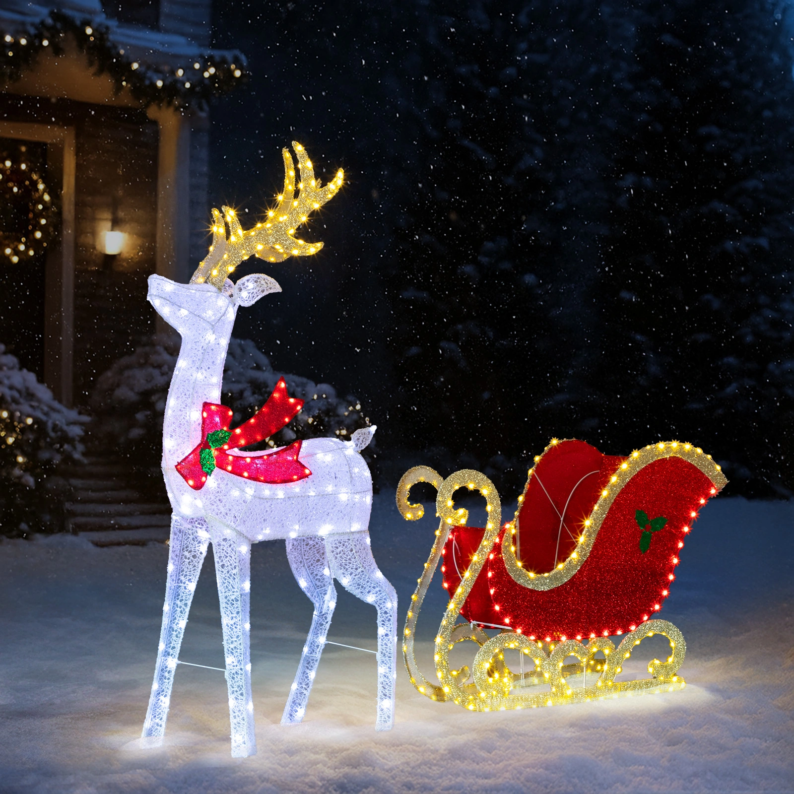 5ft Lighted Christmas Reindeer & Sleigh Outdoor Yard Decoration Set with LED Lights, Red & White view 7