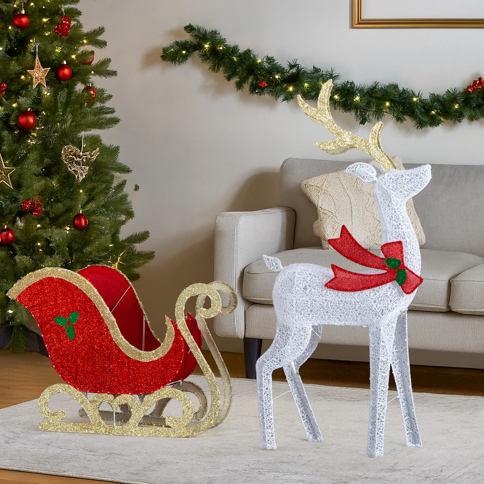 5ft Lighted Christmas Reindeer & Sleigh Outdoor Yard Decoration Set with LED Lights, Red & White view 8
