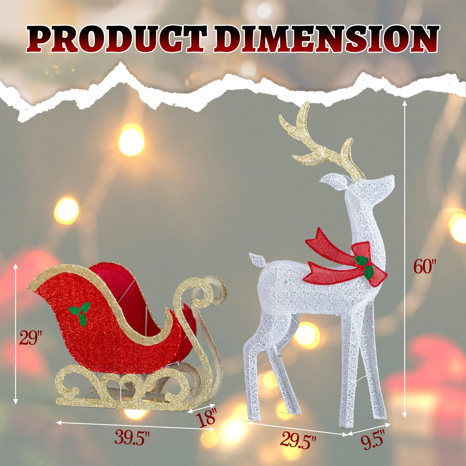 5ft Lighted Christmas Reindeer & Sleigh Outdoor Yard Decoration Set with LED Lights, Red & White view 9