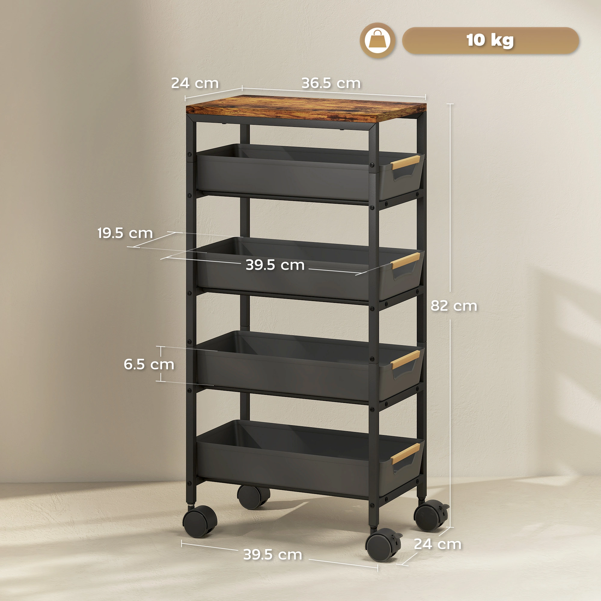 Multipurpose Storage Trolley Cart | 3-Tier Metal Shelving Unit, Rolling Kitchen Organizer, Black, 24 Inches