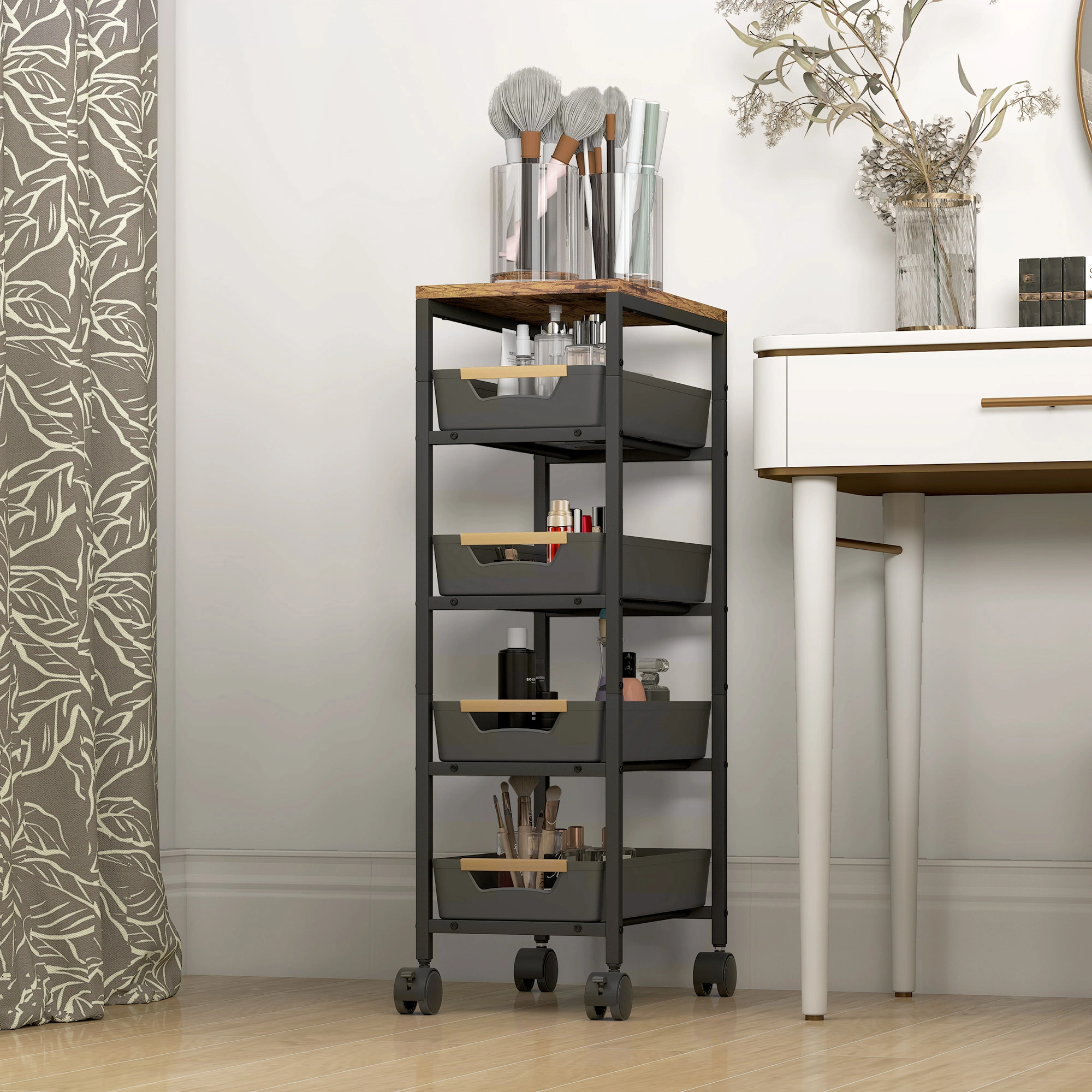 Multipurpose Storage Trolley Cart | 3-Tier Metal Shelving Unit, Rolling Kitchen Organizer, Black, 24 Inches view 2