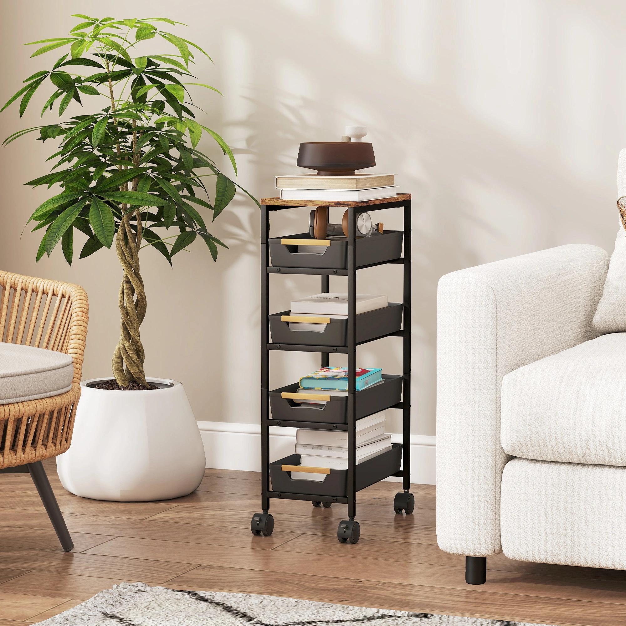 Multipurpose Storage Trolley Cart | 3-Tier Metal Shelving Unit, Rolling Kitchen Organizer, Black, 24 Inches view 5