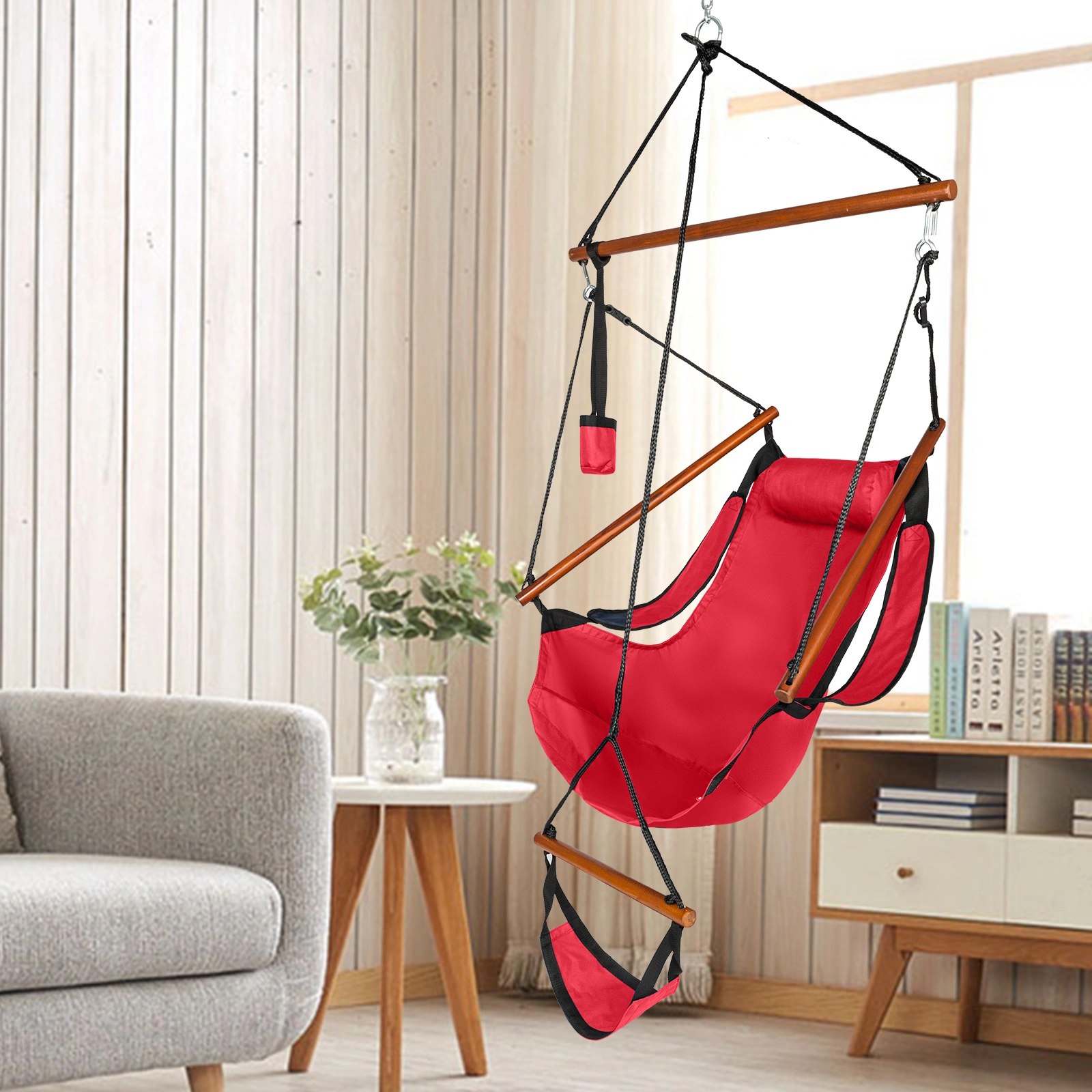 Oxford Cloth Hardwood With Cup Holder Wooden Stick Perforated 100kg Seaside Courtyard Oxford Cloth Hanging Chair Red view 2