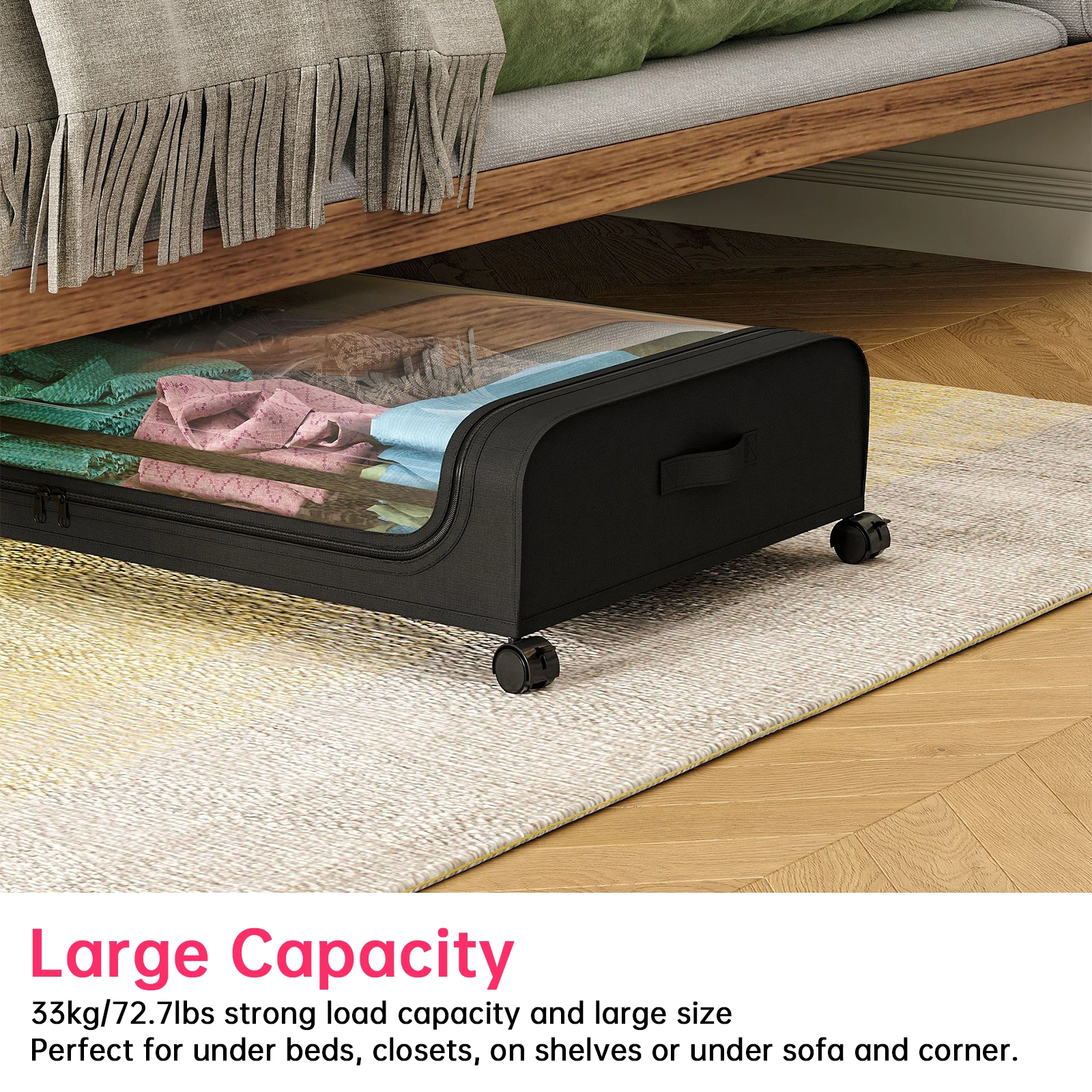 2 Pack Under Bed Storage Bins with Lids & Wheels, Clear Dust-Proof Drawers with Handles for Bedroom Dorm Closet Organization view 5