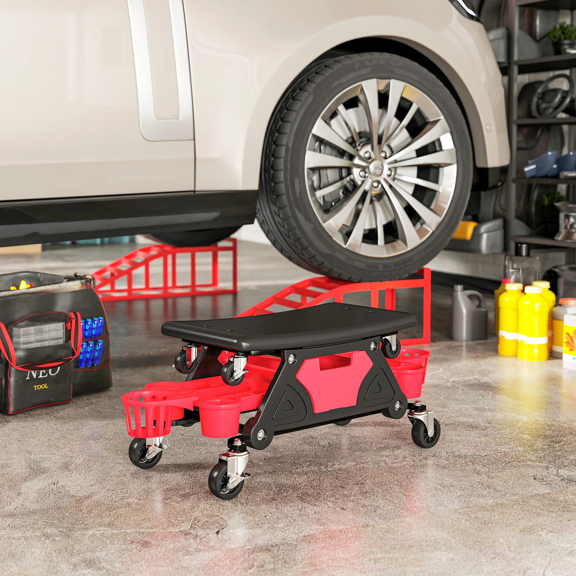 Mechanic Stool, Height Adjustable Swivel Rolling Seat with Backrest, Hydraulic Pneumatic Workshop Chair view 5