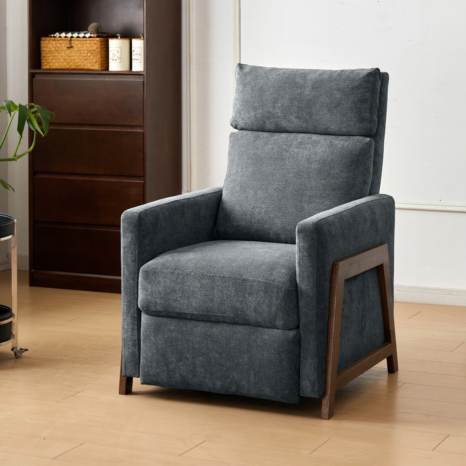 Black Recliner Armchair with Adjustable Leg Rest Snow Wool Upholstered Padded Single Reclining Chair for Living Room Bedroom Home Theater view 2