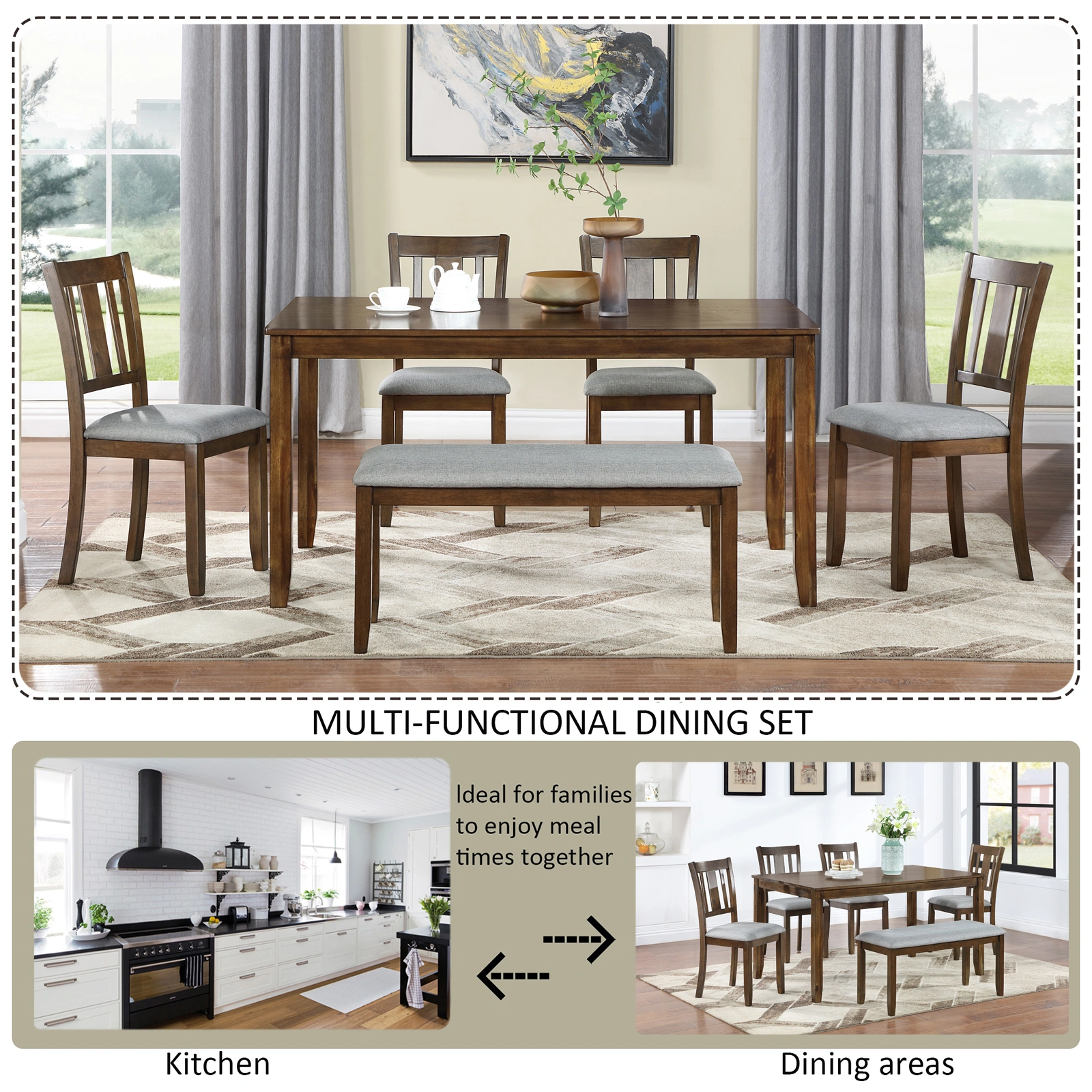 6 Piece Dining Table Set with 4 Upholstered Chairs & Bench, Rectangular Walnut Wood Dining Set for 6, Kitchen Table with Seating for Living Room view 4