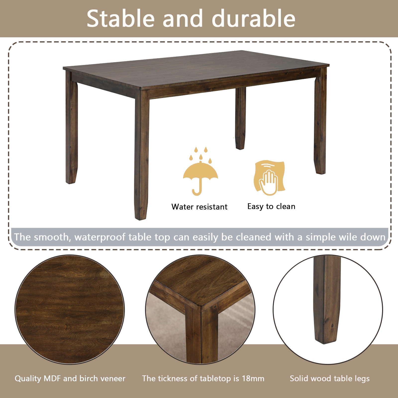 6 Piece Dining Table Set with 4 Upholstered Chairs & Bench, Rectangular Walnut Wood Dining Set for 6, Kitchen Table with Seating for Living Room view 6