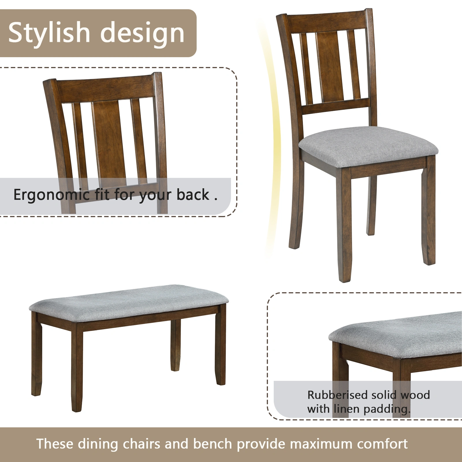 6 Piece Dining Table Set with 4 Upholstered Chairs & Bench, Rectangular Walnut Wood Dining Set for 6, Kitchen Table with Seating for Living Room view 7