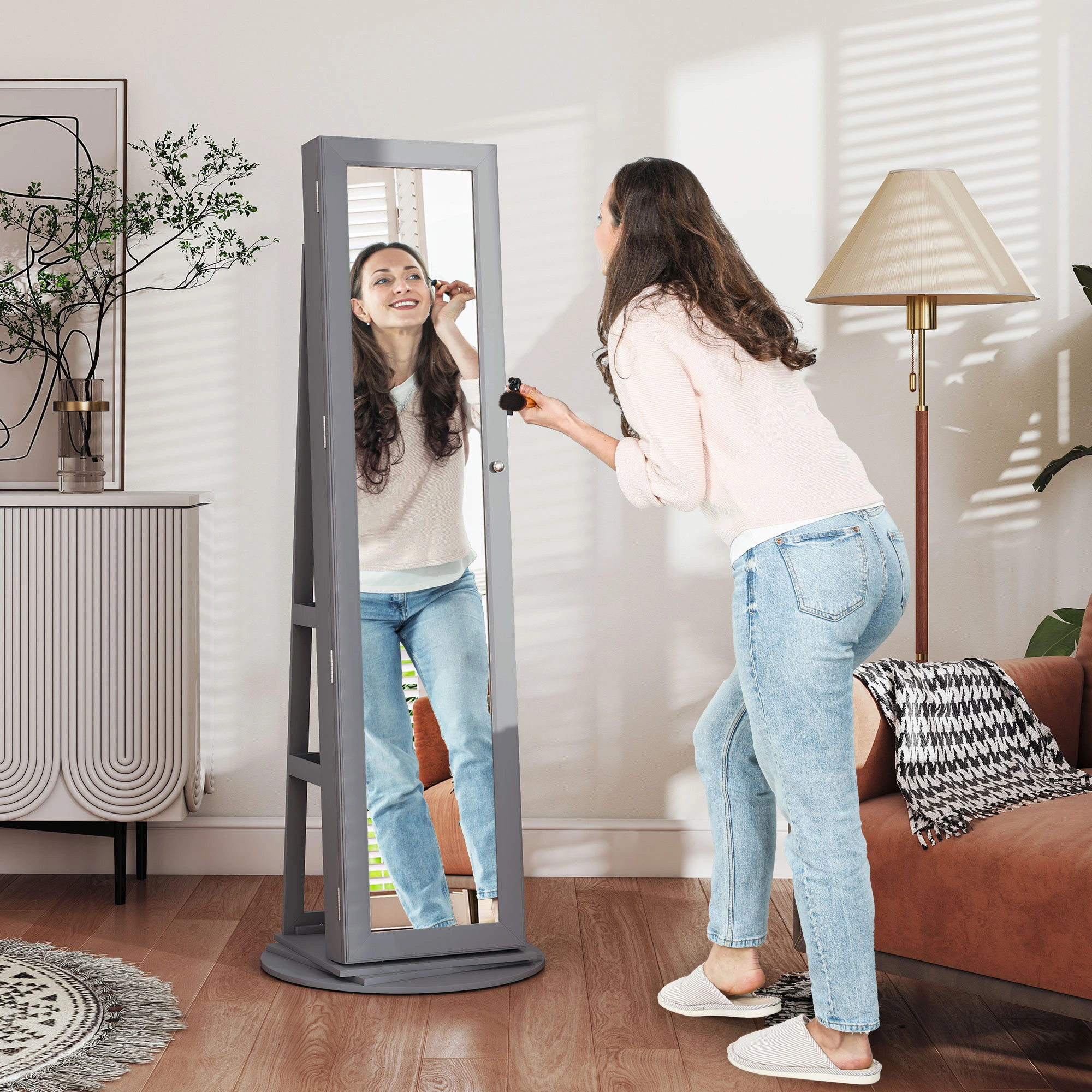 Floor Standing Jewelry Cabinet with LED Lights, Tall Armoire Storage Organizer with Mirror, Glass Doors & Velvet Interior for Necklaces, Rings, Watches view 4