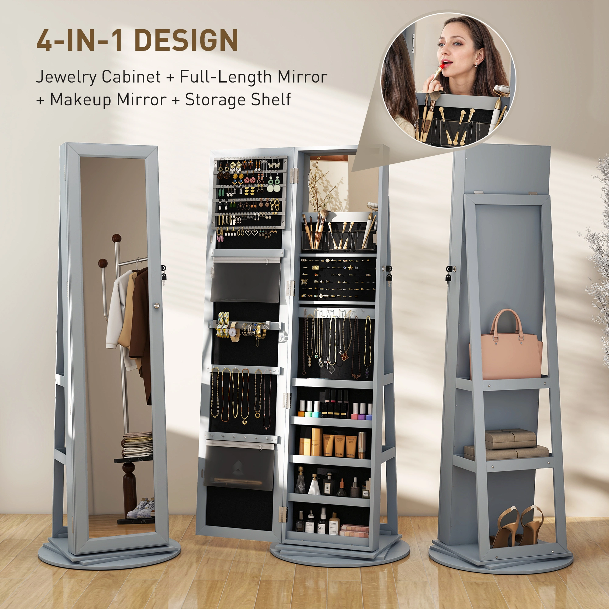 Floor Standing Jewelry Cabinet with LED Lights, Tall Armoire Storage Organizer with Mirror, Glass Doors & Velvet Interior for Necklaces, Rings, Watches view 6