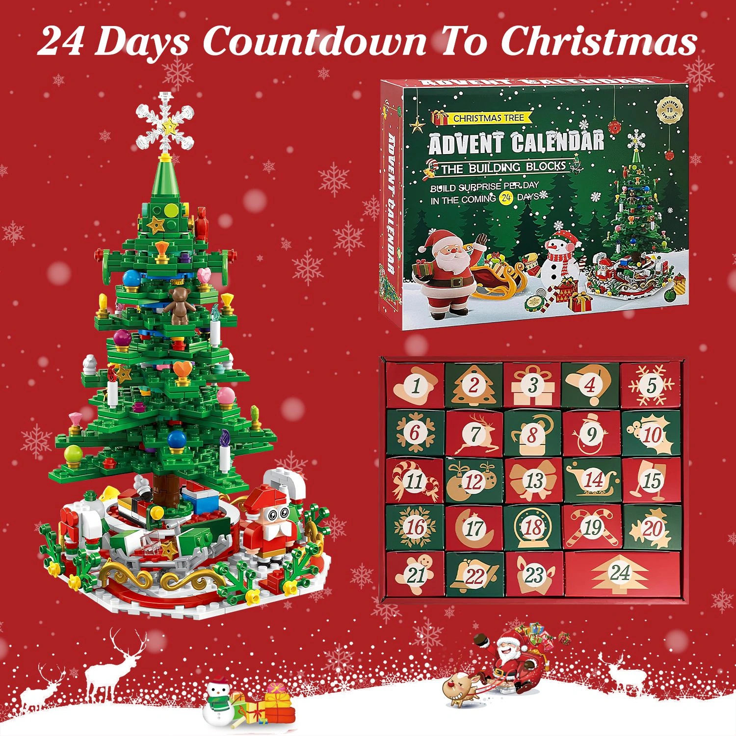 Christmas Tree Building Toy - 701 Pcs with 24-Day Countdown Calendar, 30 LED Warm Lights (USB Powered) - Santa, Ornaments, Snowflake Topper - Educational Blocks for Kids 3-6, Tabletop Decor view 10