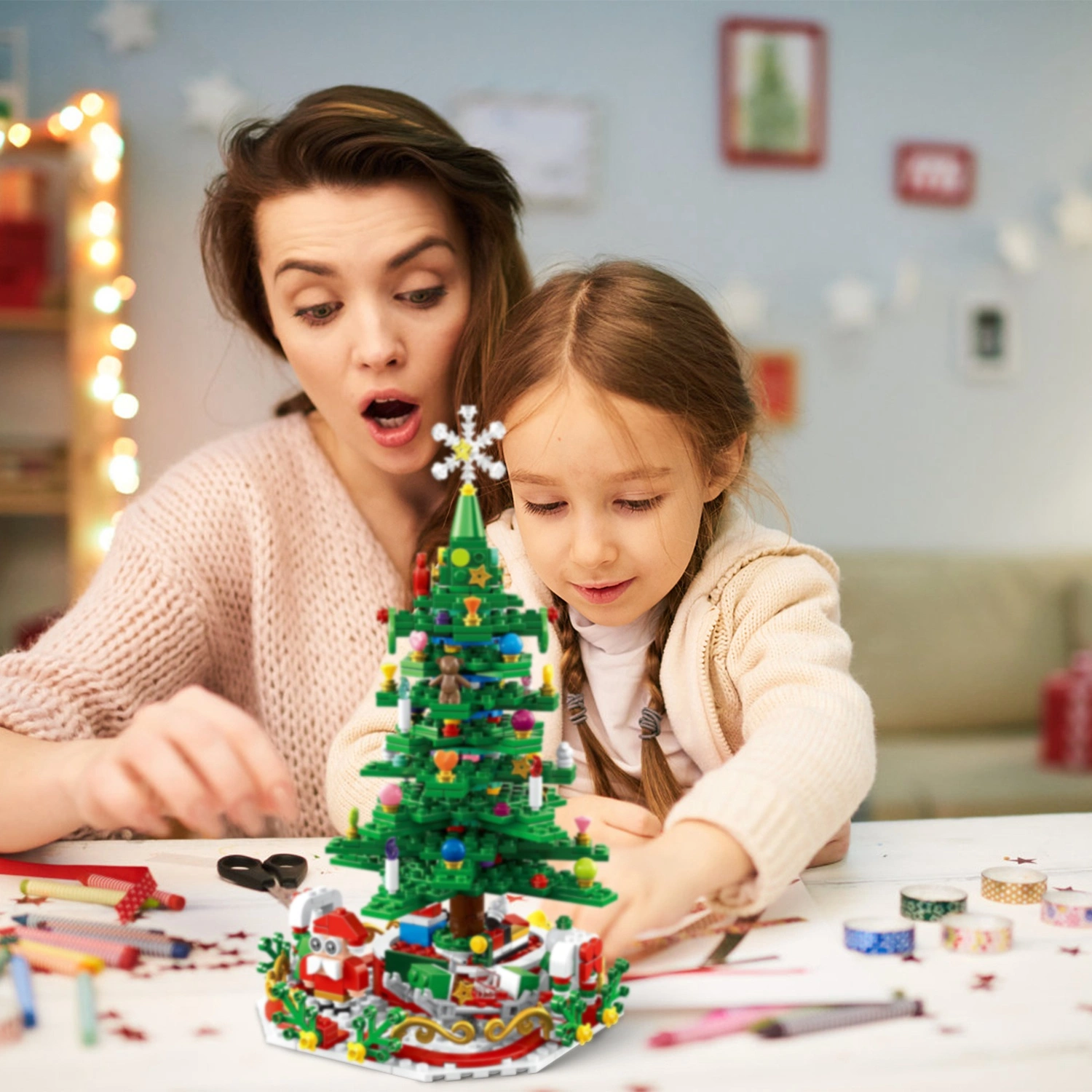 Christmas Tree Building Toy - 701 Pcs with 24-Day Countdown Calendar, 30 LED Warm Lights (USB Powered) - Santa, Ornaments, Snowflake Topper - Educational Blocks for Kids 3-6, Tabletop Decor view 11