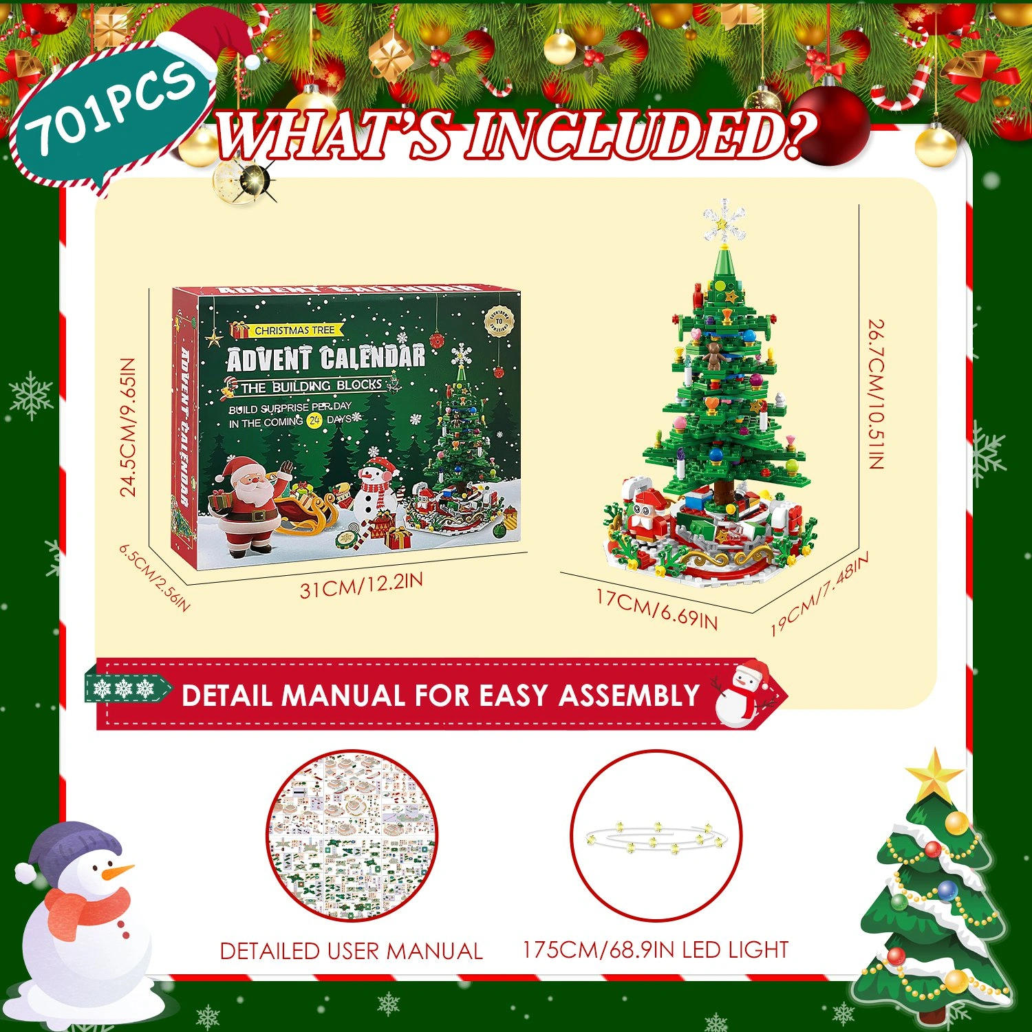 Christmas Tree Building Toy - 701 Pcs with 24-Day Countdown Calendar, 30 LED Warm Lights (USB Powered) - Santa, Ornaments, Snowflake Topper - Educational Blocks for Kids 3-6, Tabletop Decor view 7