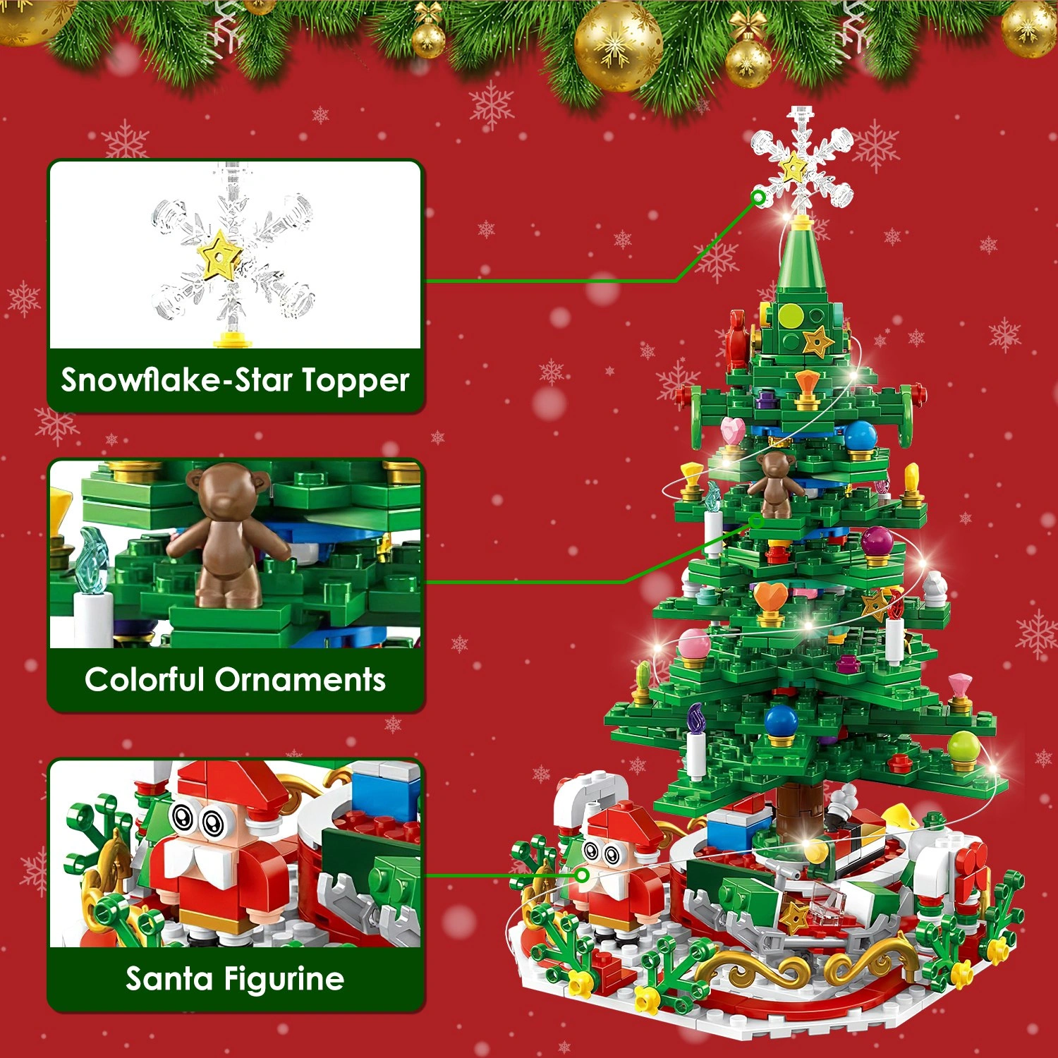 Christmas Tree Building Toy - 701 Pcs with 24-Day Countdown Calendar, 30 LED Warm Lights (USB Powered) - Santa, Ornaments, Snowflake Topper - Educational Blocks for Kids 3-6, Tabletop Decor view 8