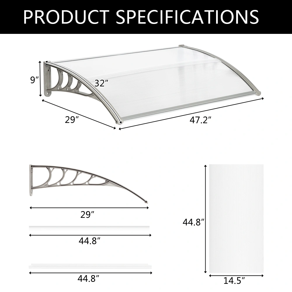 HT-120x80cm Door & Window Rain Canopy, Eaves Overhang Protector, White & Gray Bracket, Weatherproof UV Resistant Outdoor Awning view 13
