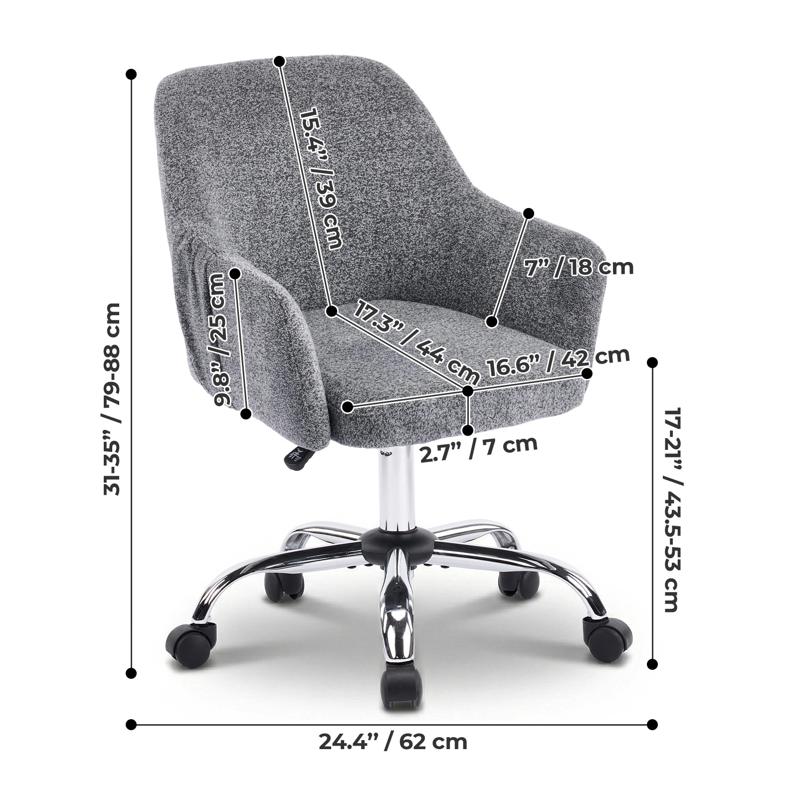 4" Vanity Desk Chair with Armrests Snowflake Velvet Upholstered Office Chair 31"-35" Height Adjustable 360° Swivel Rolling Chair for Bedroom Study Living Room Gray view 5