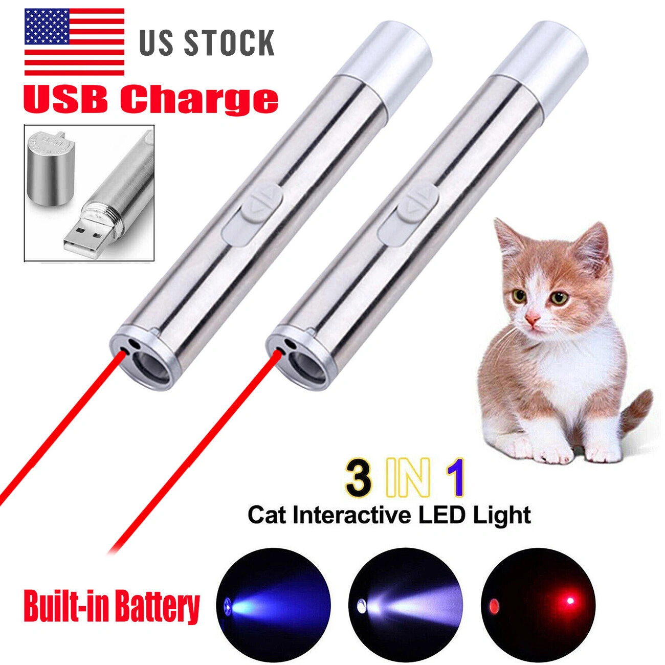 2PCS 3 in1 1mw USB Rechargeable Pet Toy Pen Flashlight Red laser Beam UV Light 3-Modes Lamp view 13