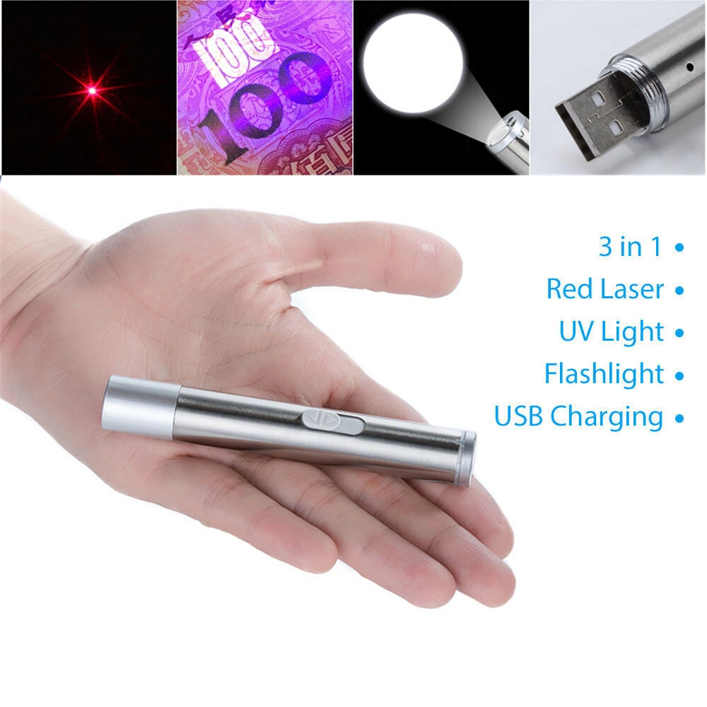 2PCS 3 in1 1mw USB Rechargeable Pet Toy Pen Flashlight Red laser Beam UV Light 3-Modes Lamp view 7