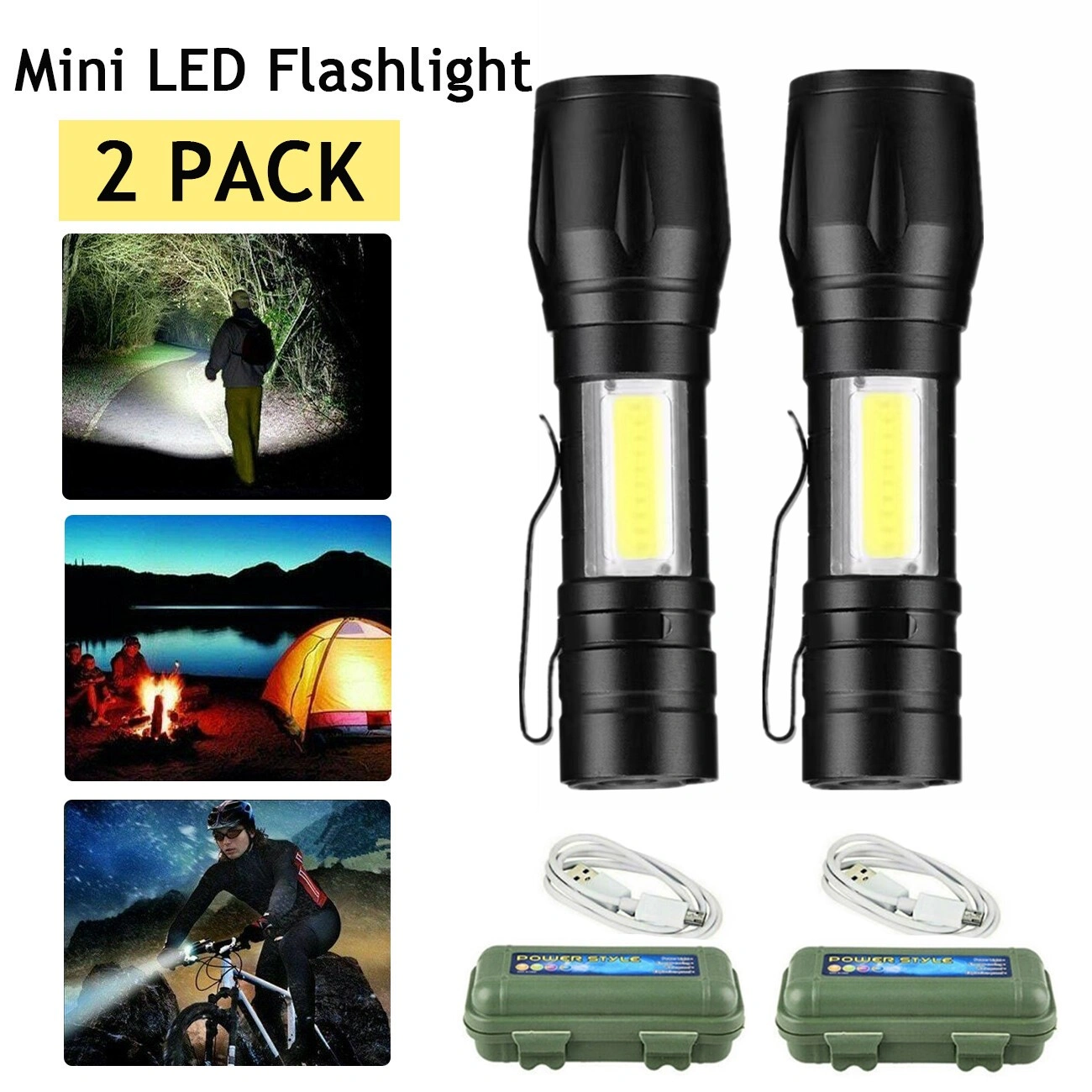 2 Pack USB Rechargeable LED Flashlights, Small Compact Camping & Work Torch Lights
