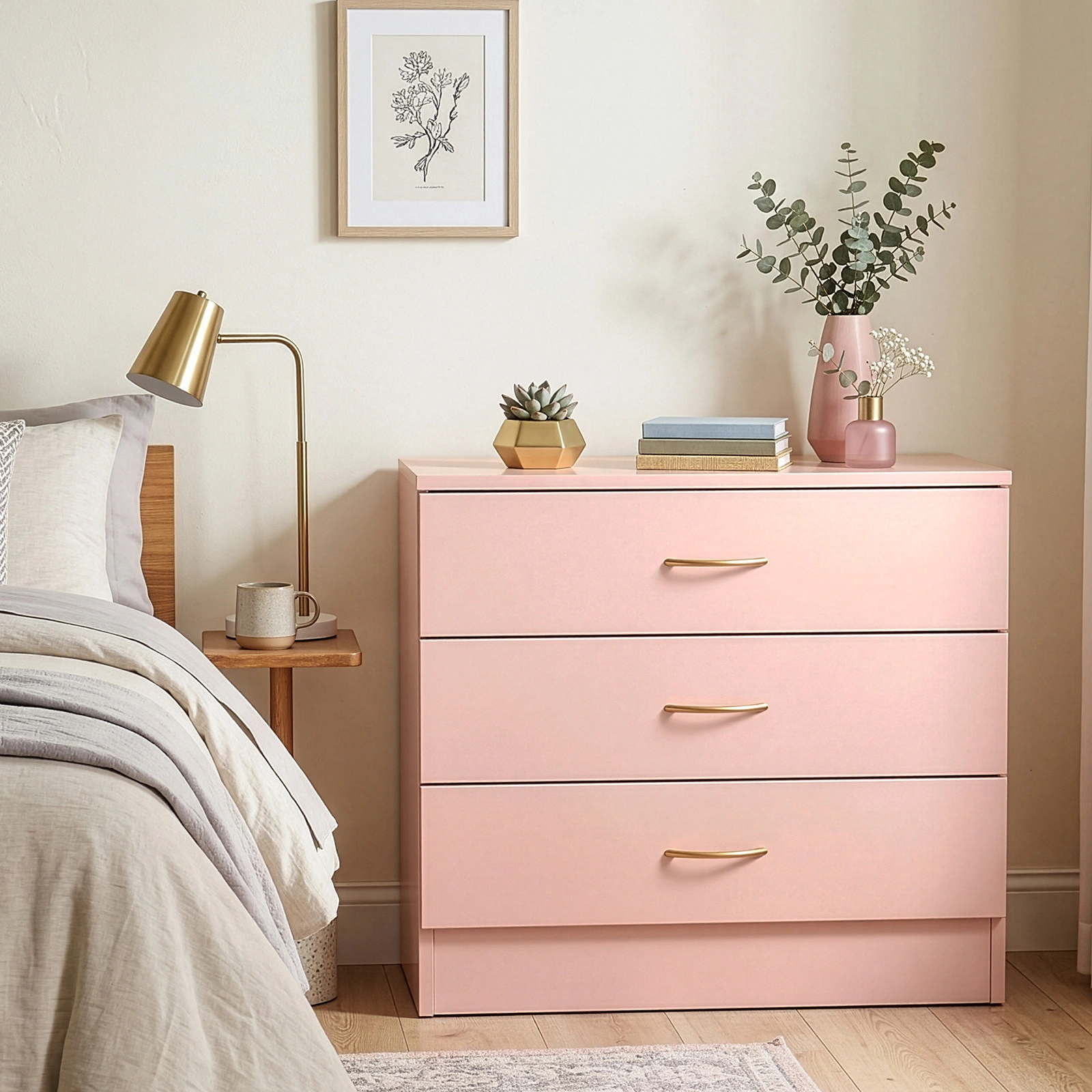 3-Drawer Chest with Faux Rose Gold Handles Drawer Dresser 25.98*12.99*22.05in Pink view 12