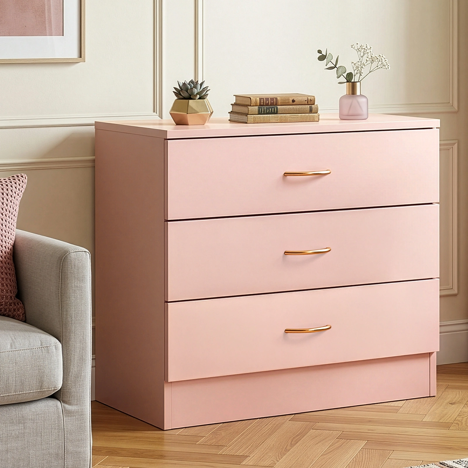 3-Drawer Chest with Faux Rose Gold Handles Drawer Dresser 25.98*12.99*22.05in Pink view 13