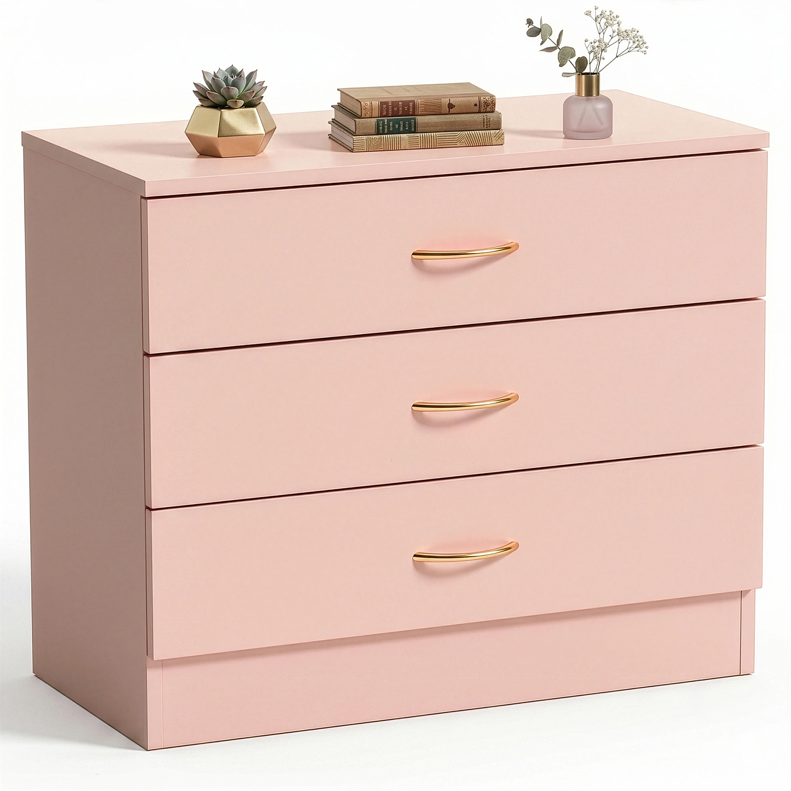 3-Drawer Chest with Faux Rose Gold Handles Drawer Dresser 25.98*12.99*22.05in Pink view 3