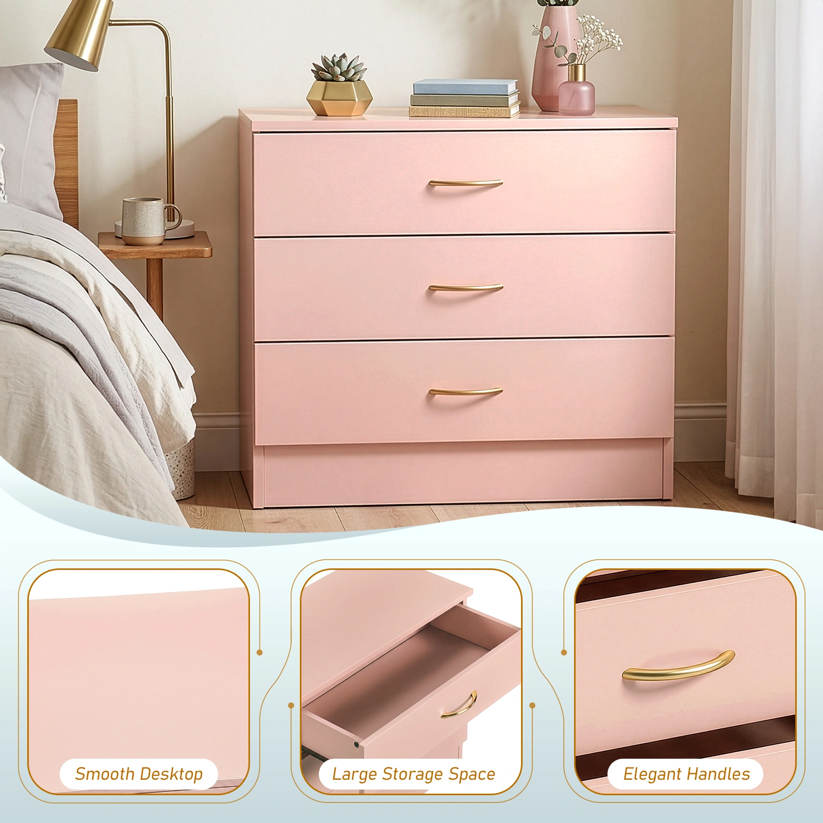 3-Drawer Chest with Faux Rose Gold Handles Drawer Dresser 25.98*12.99*22.05in Pink view 7
