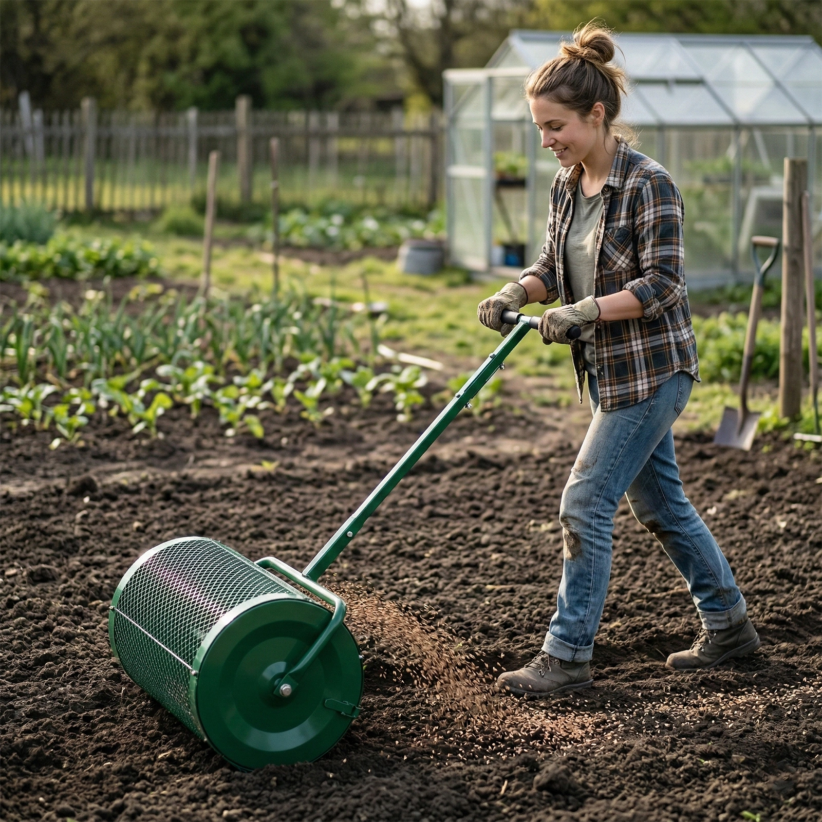 Compost Spreader with Adjustable Handle, 24" Wide, Lawn and Garden Peat Moss Roller with Side Latches, Powder Coated Steel Mesh Basket for Spreading Manure, Topsoil, Green view 10