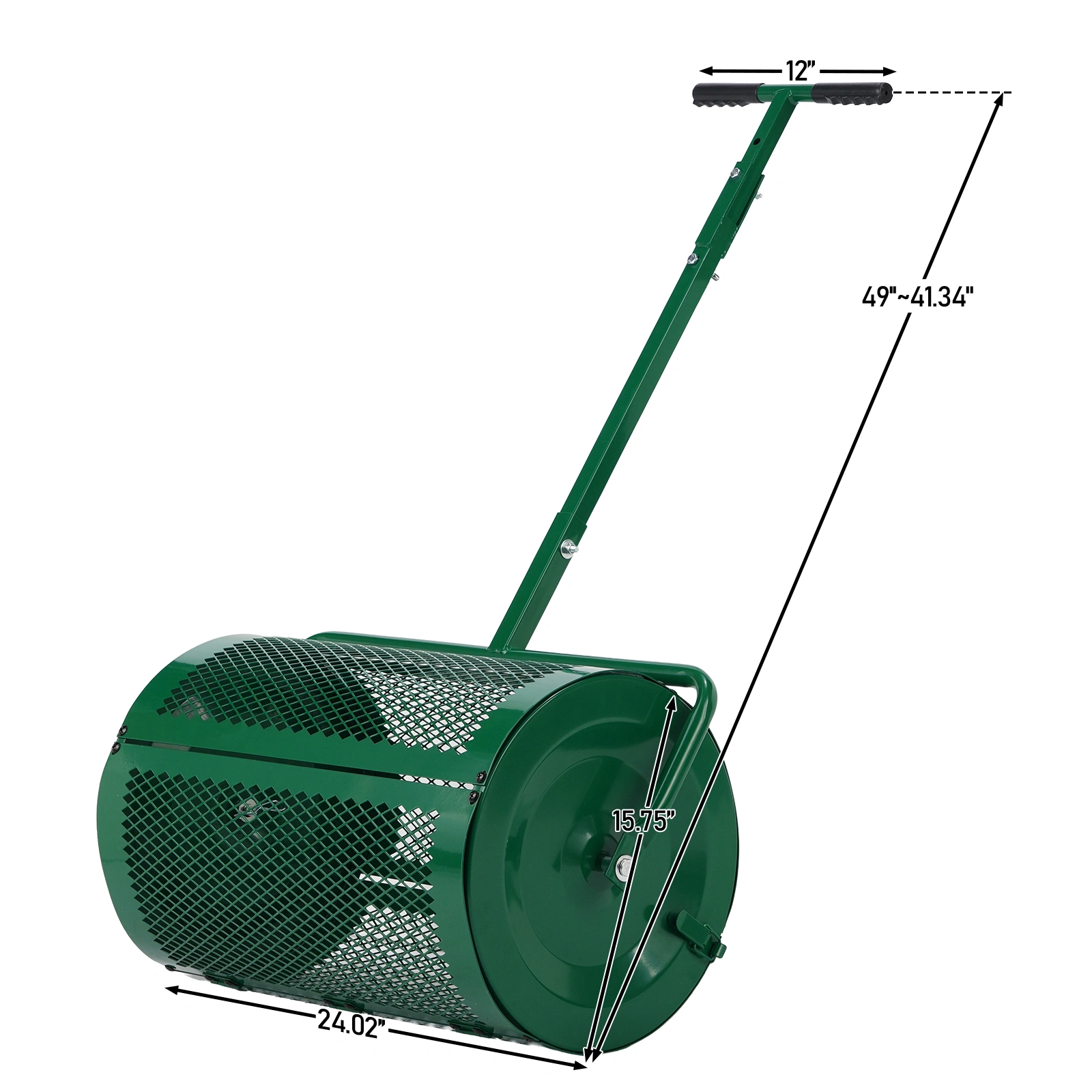 Compost Spreader with Adjustable Handle, 24" Wide, Lawn and Garden Peat Moss Roller with Side Latches, Powder Coated Steel Mesh Basket for Spreading Manure, Topsoil, Green view 2