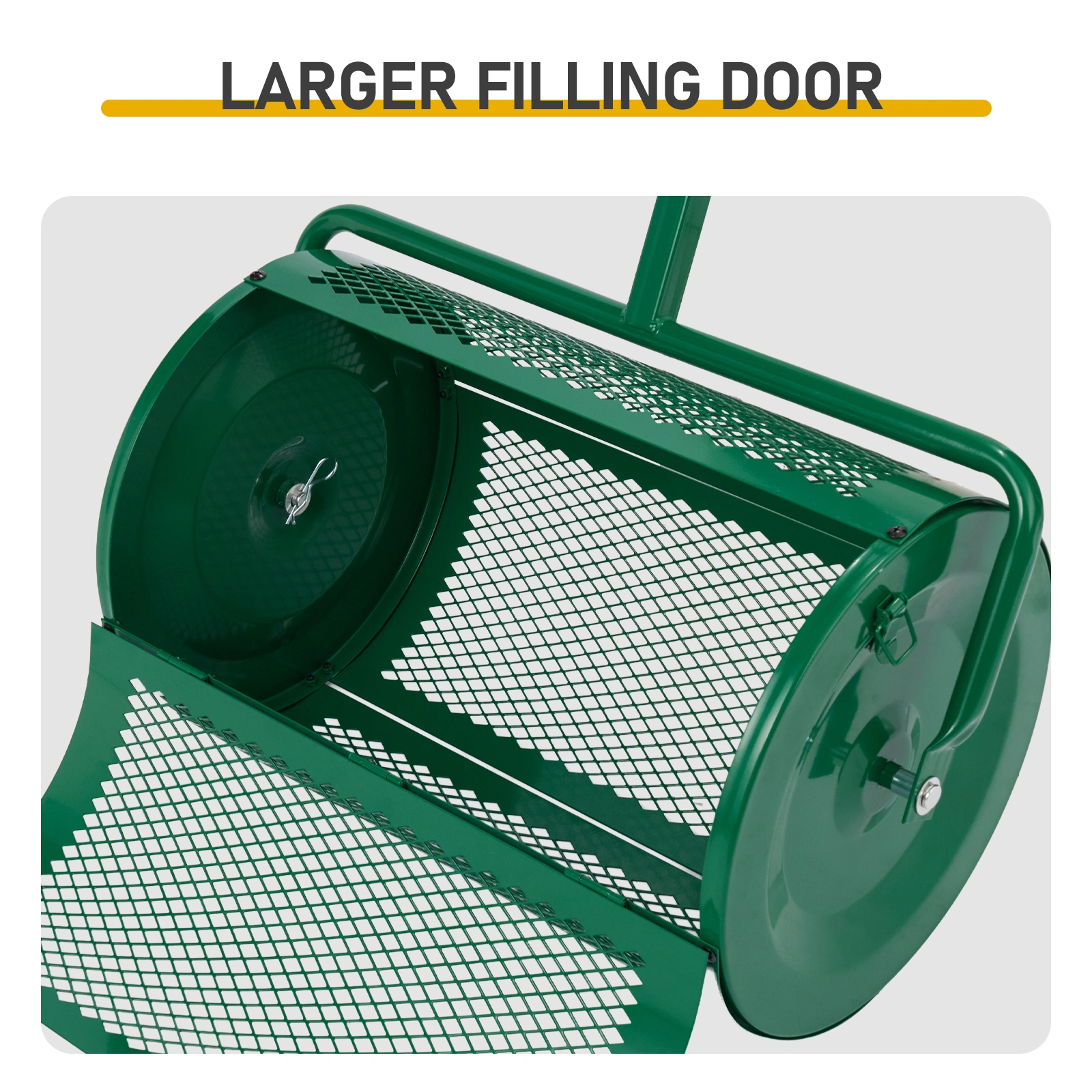 Compost Spreader with Adjustable Handle, 24" Wide, Lawn and Garden Peat Moss Roller with Side Latches, Powder Coated Steel Mesh Basket for Spreading Manure, Topsoil, Green view 7