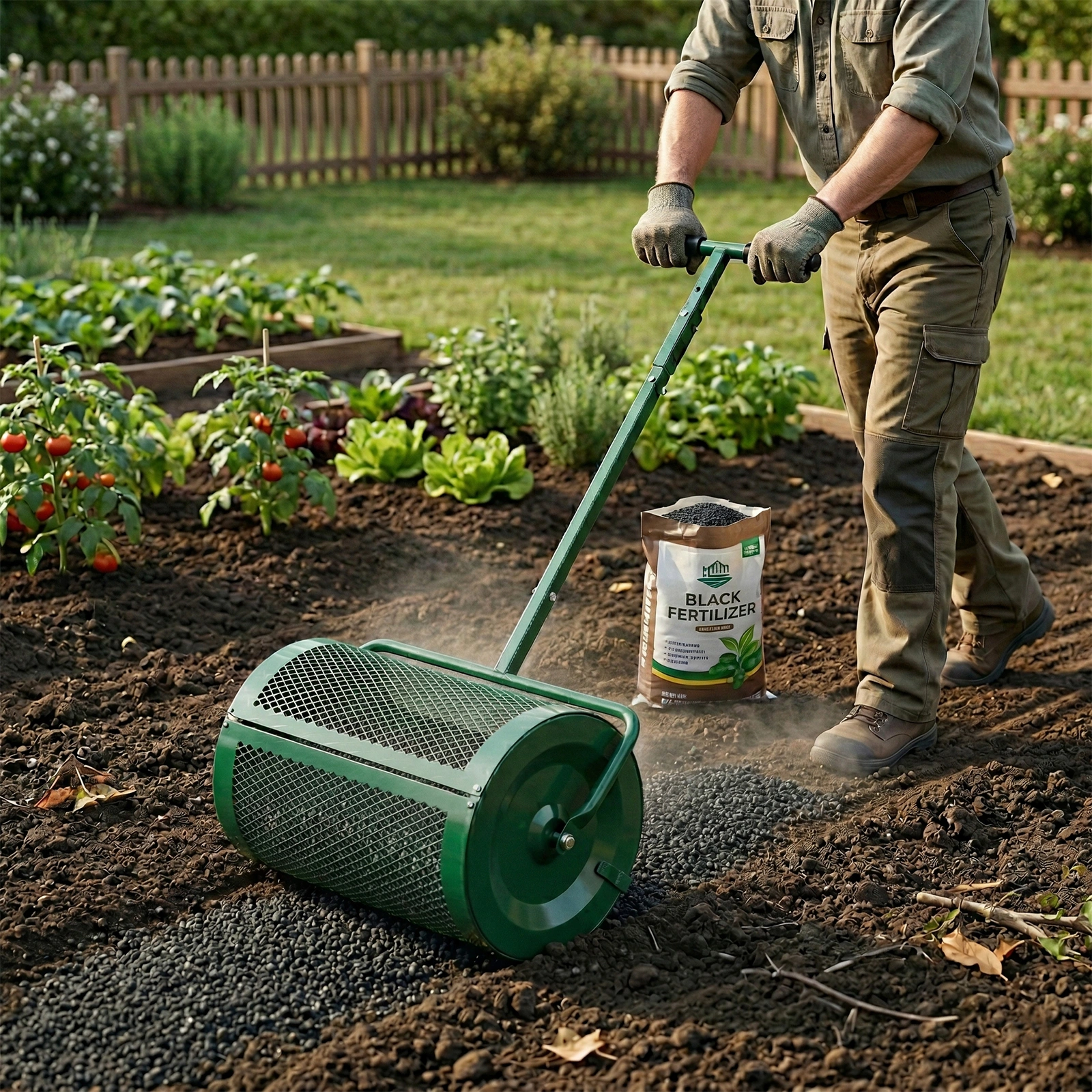 Compost Spreader with Adjustable Handle, 24" Wide, Lawn and Garden Peat Moss Roller with Side Latches, Powder Coated Steel Mesh Basket for Spreading Manure, Topsoil, Green view 9