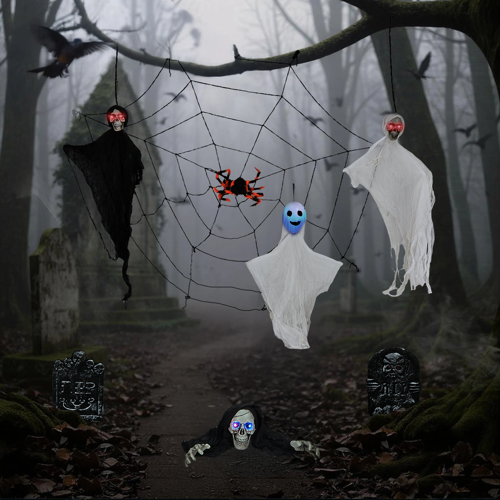 8 Piece Outdoor Halloween Decorations, Hanging Ghosts with Light Up Eyes, Swinging Ghosts, Cobwebs & Gravestones, Yard Patio Lawn Garden Scary Halloween Decor view 10