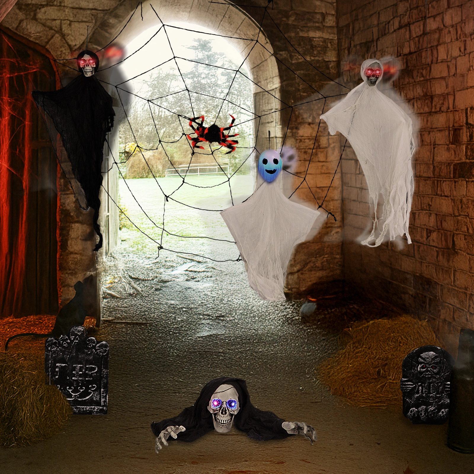 8 Piece Outdoor Halloween Decorations, Hanging Ghosts with Light Up Eyes, Swinging Ghosts, Cobwebs & Gravestones, Yard Patio Lawn Garden Scary Halloween Decor view 11