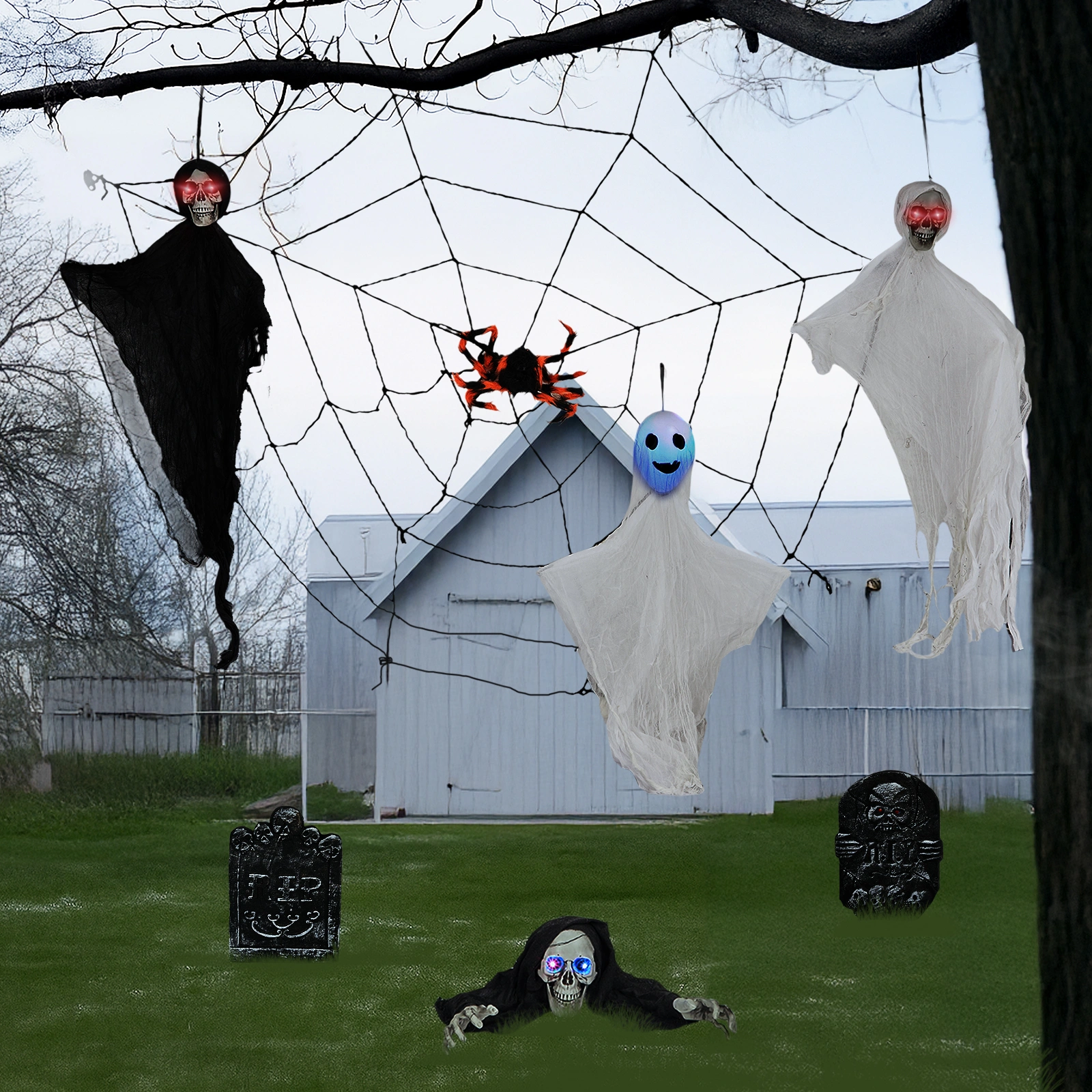 8 Piece Outdoor Halloween Decorations, Hanging Ghosts with Light Up Eyes, Swinging Ghosts, Cobwebs & Gravestones, Yard Patio Lawn Garden Scary Halloween Decor view 12