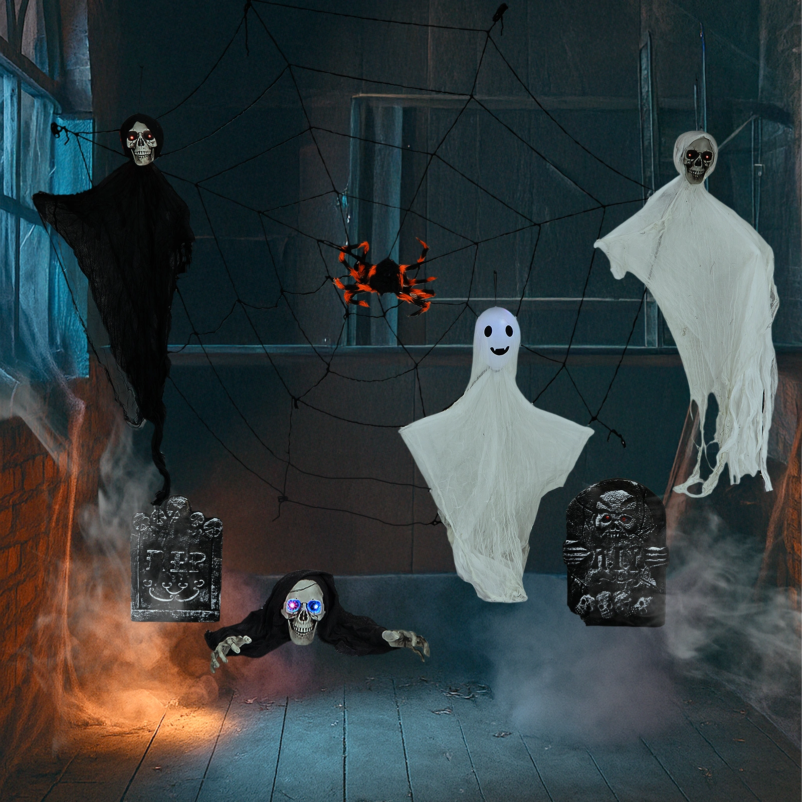 8 Piece Outdoor Halloween Decorations, Hanging Ghosts with Light Up Eyes, Swinging Ghosts, Cobwebs & Gravestones, Yard Patio Lawn Garden Scary Halloween Decor view 3