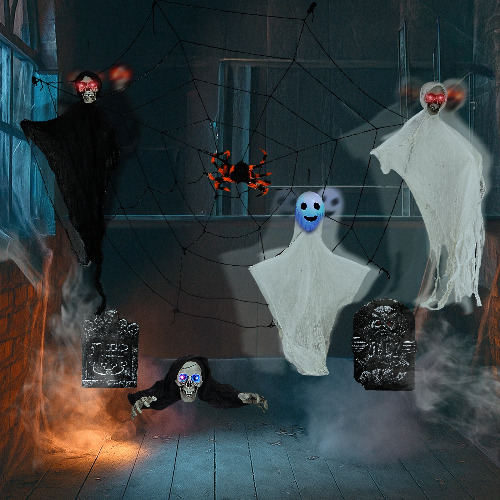 8 Piece Outdoor Halloween Decorations, Hanging Ghosts with Light Up Eyes, Swinging Ghosts, Cobwebs & Gravestones, Yard Patio Lawn Garden Scary Halloween Decor view 4