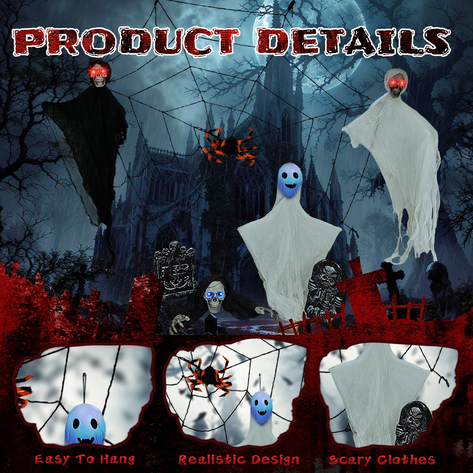 8 Piece Outdoor Halloween Decorations, Hanging Ghosts with Light Up Eyes, Swinging Ghosts, Cobwebs & Gravestones, Yard Patio Lawn Garden Scary Halloween Decor view 5