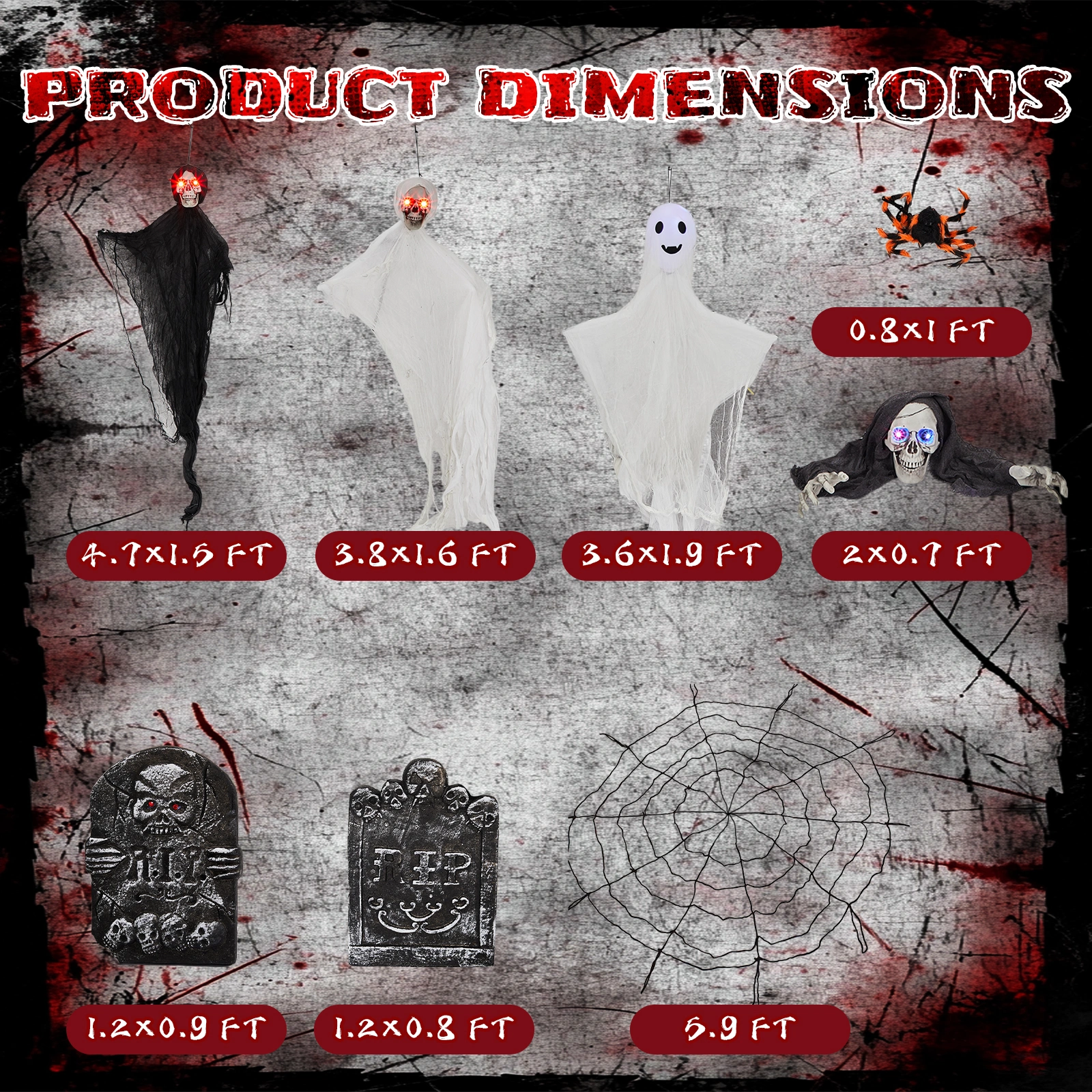 8 Piece Outdoor Halloween Decorations, Hanging Ghosts with Light Up Eyes, Swinging Ghosts, Cobwebs & Gravestones, Yard Patio Lawn Garden Scary Halloween Decor view 6