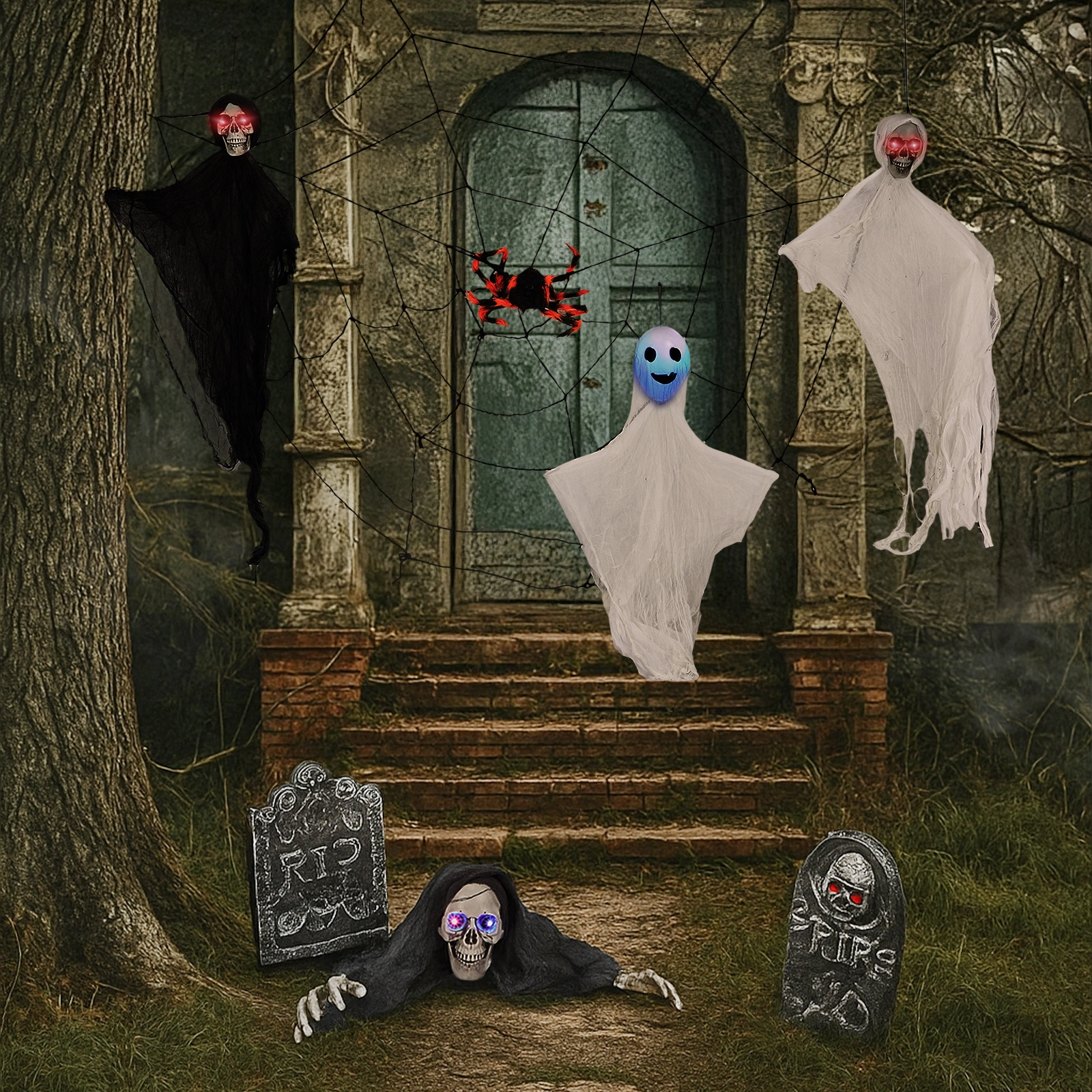 8 Piece Outdoor Halloween Decorations, Hanging Ghosts with Light Up Eyes, Swinging Ghosts, Cobwebs & Gravestones, Yard Patio Lawn Garden Scary Halloween Decor view 9
