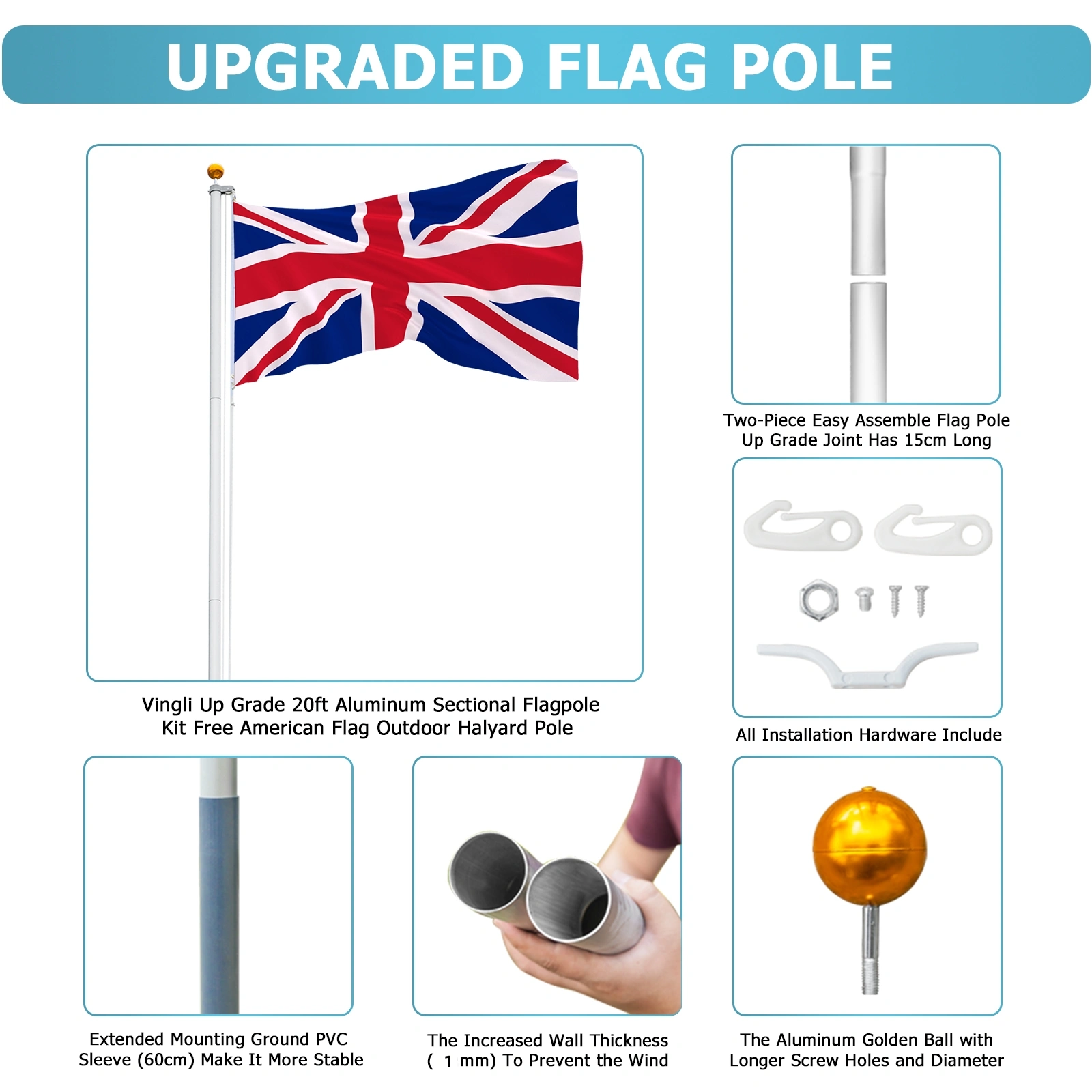 Aluminum Alloy Splicing Flagpole 5.1×5.1×600cm Adjustable Retractable Outdoor Courtyard Garden Flag Pole view 13