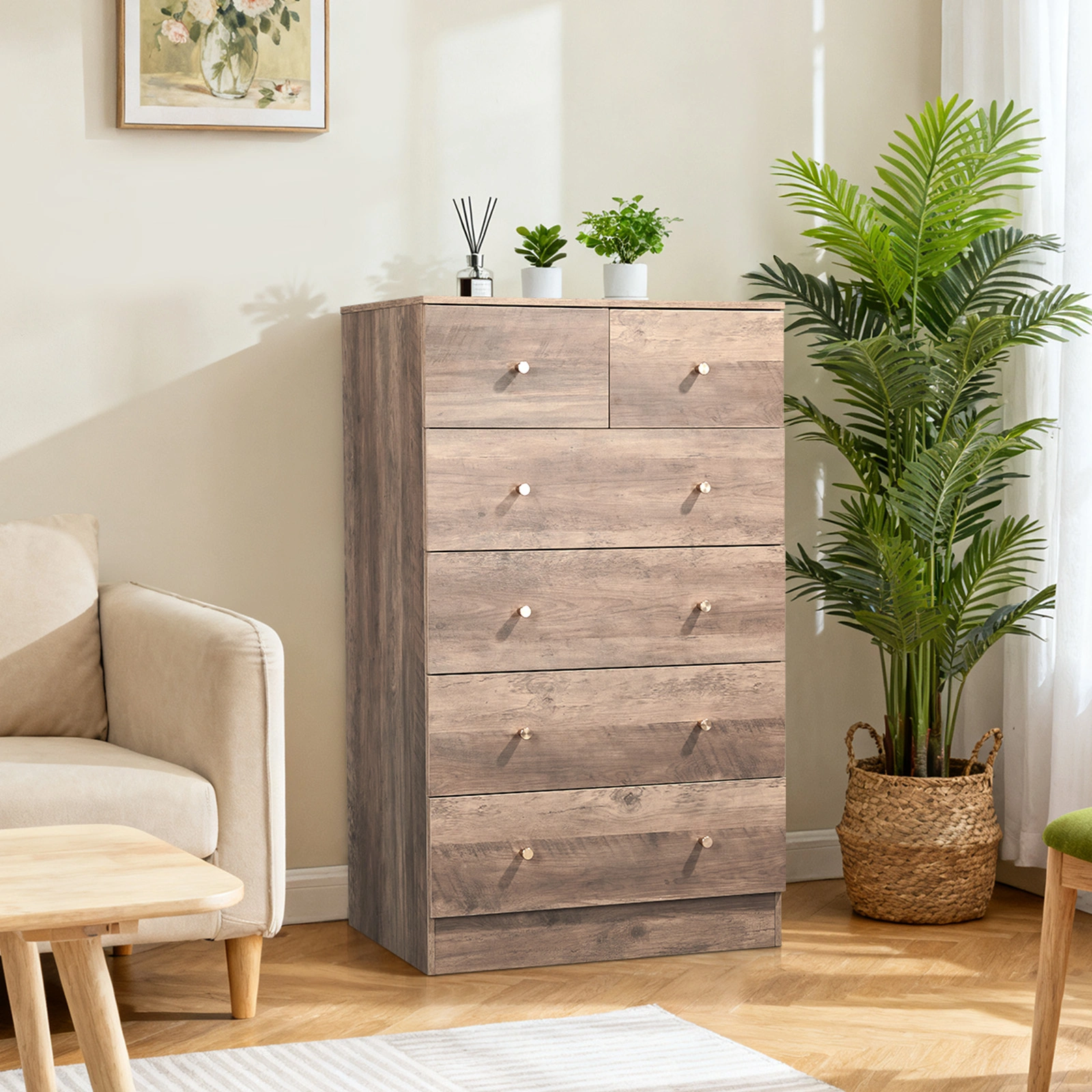 R279-9 Gray Particleboard with Textured Melamine Finish, 66*40*111cm, 4+2 Drawer Cabinet, Matte Gold Handles view 7